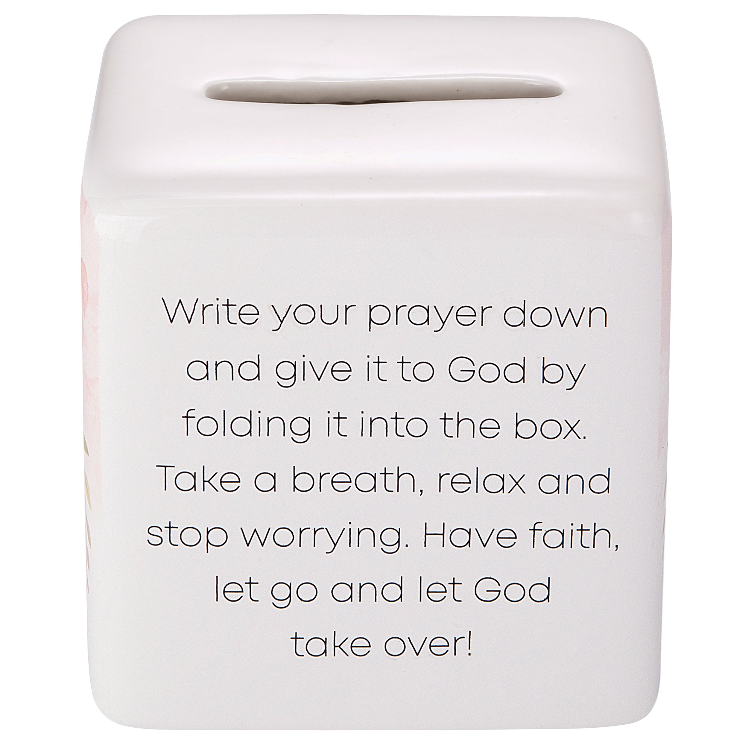 White box with text encouraging writing prayers and trusting in God on a white background