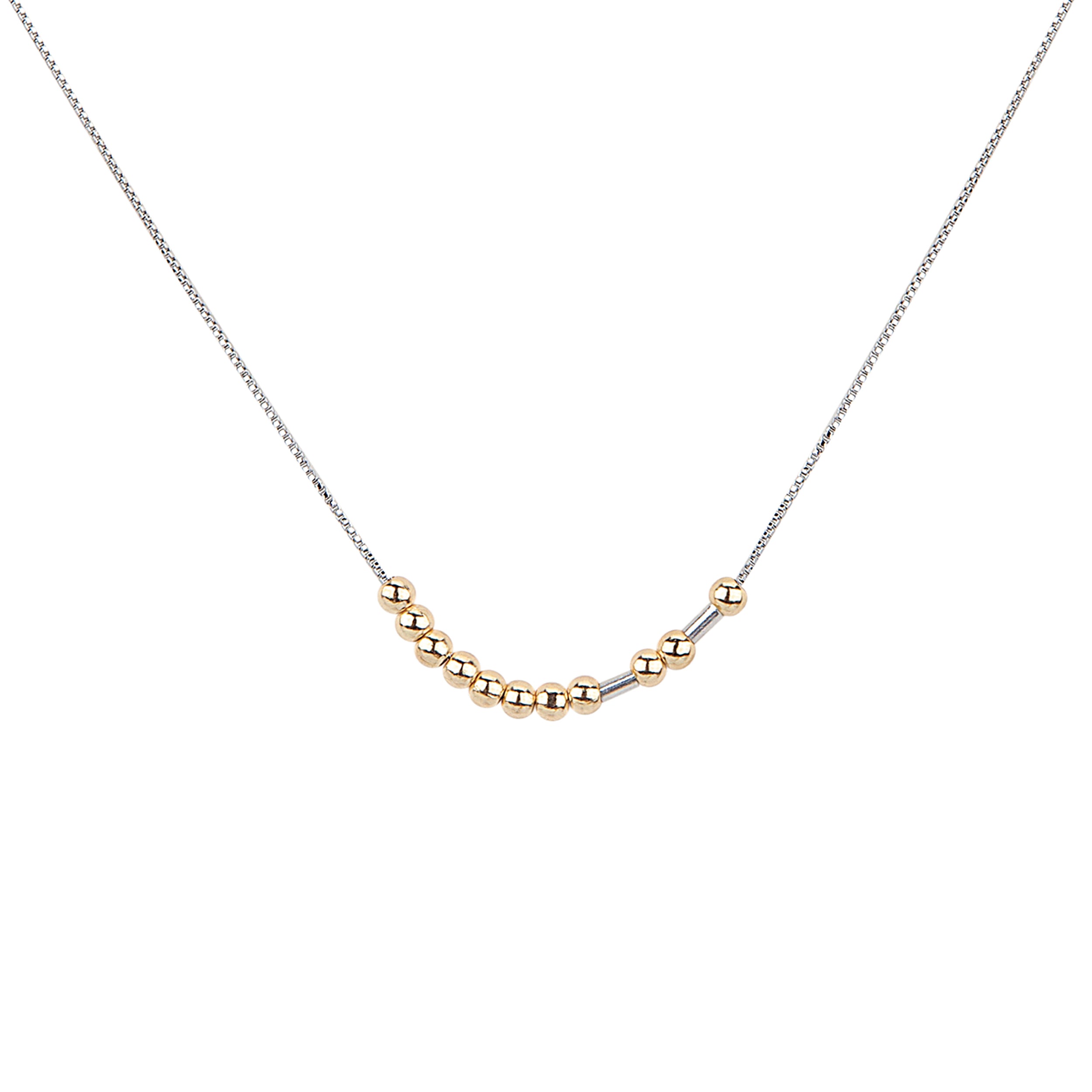 Necklace with gold and silver beads on a white background