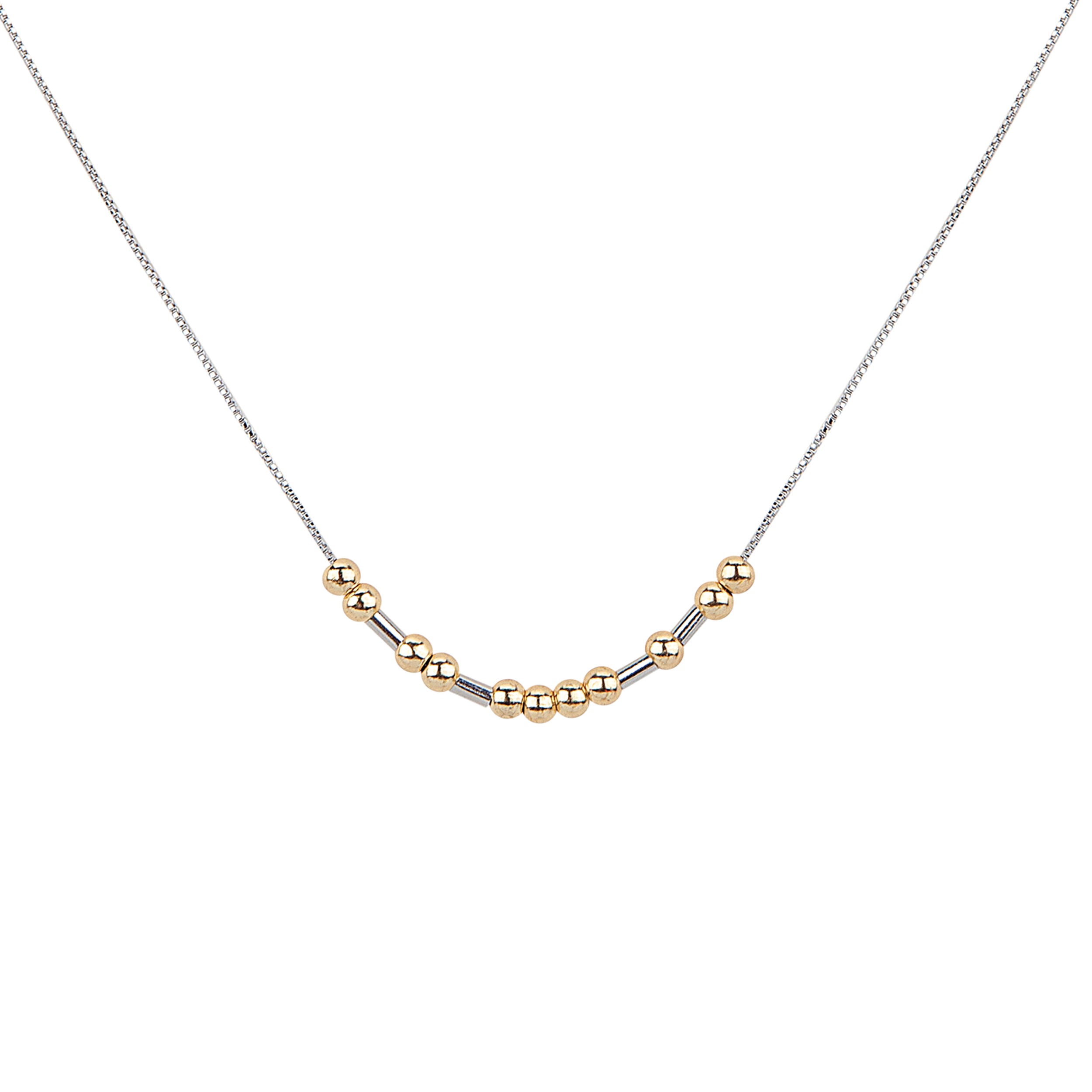 Necklace with gold and silver beads on a white background