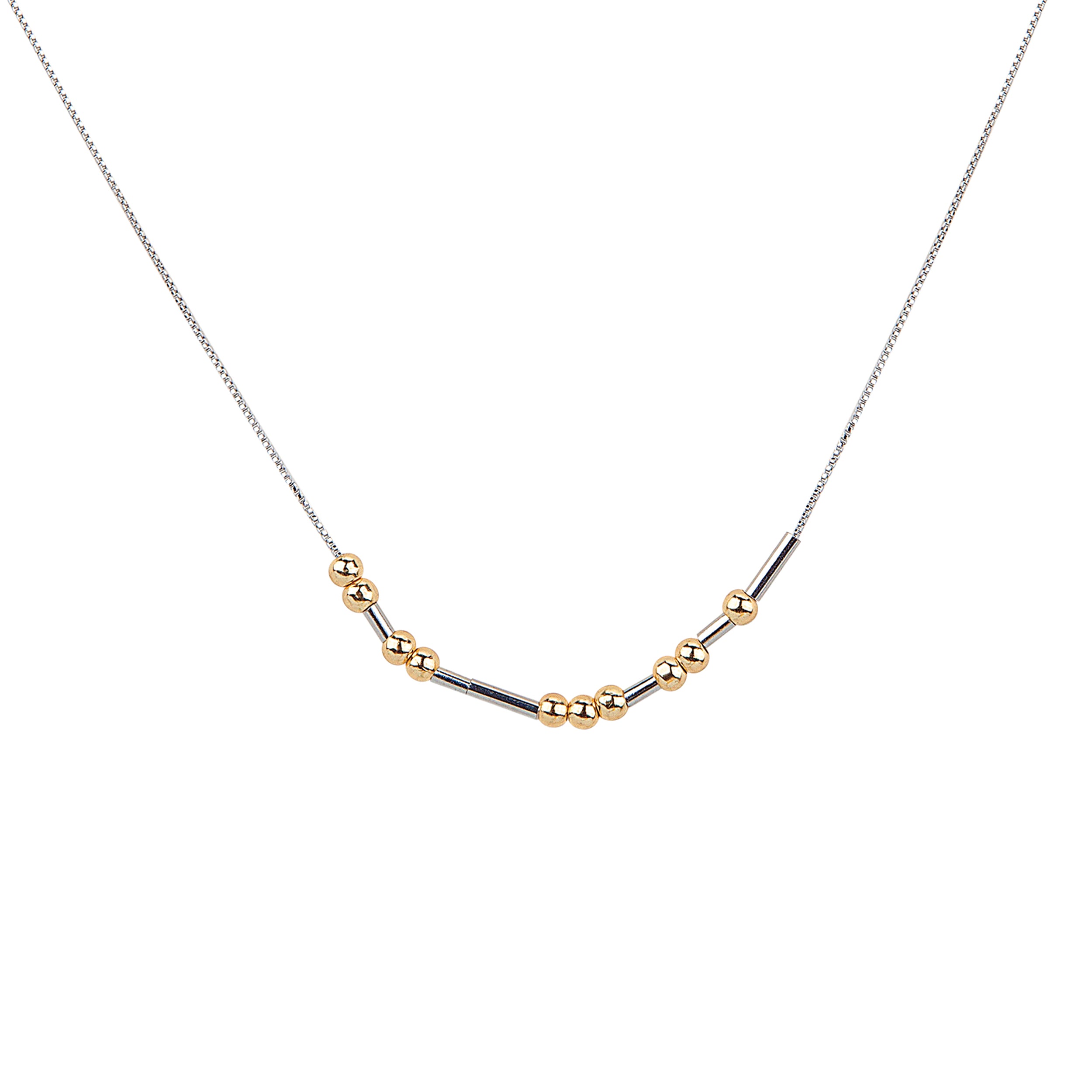 Necklace with gold and silver beads on a white background