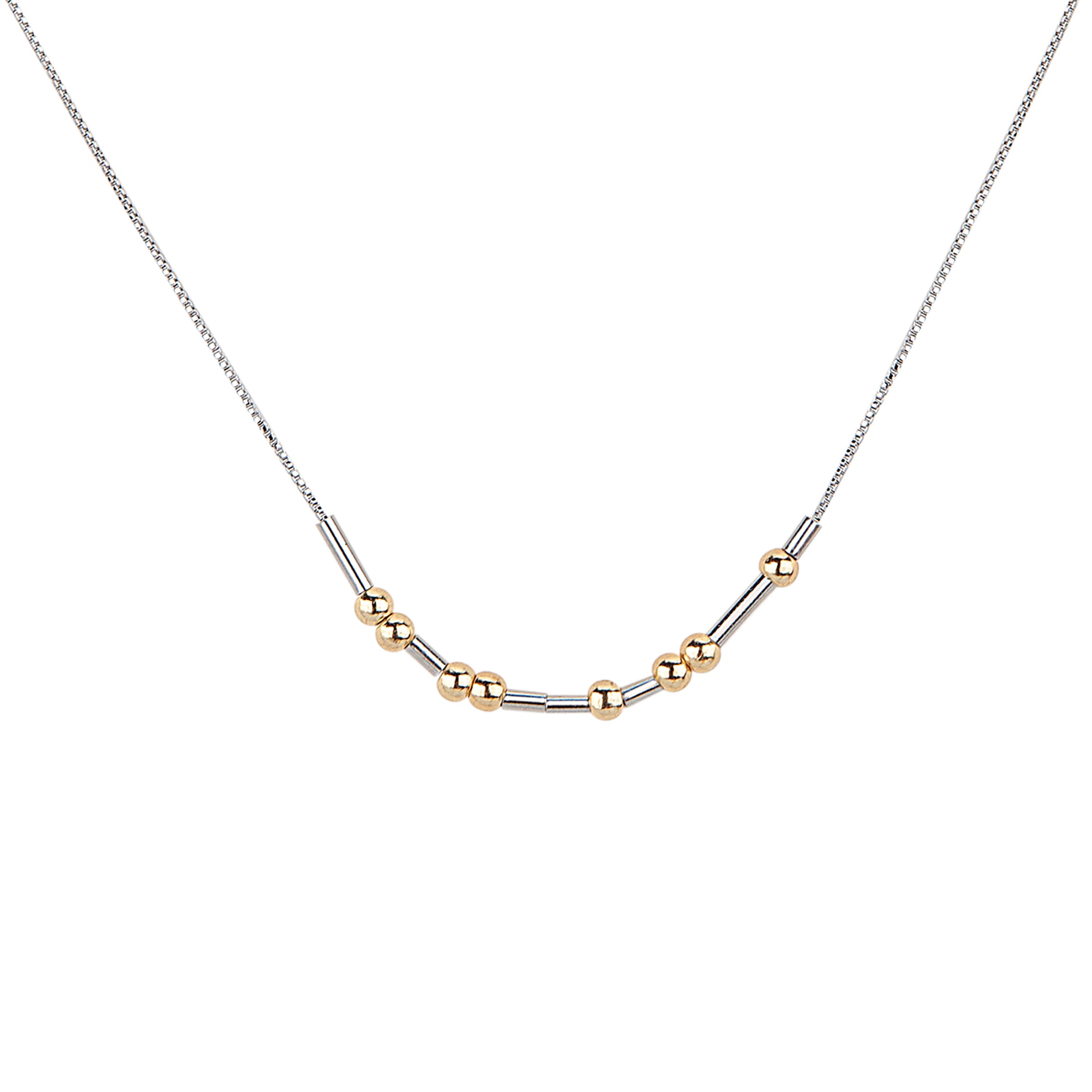 Necklace with alternating silver and gold beads on a white background