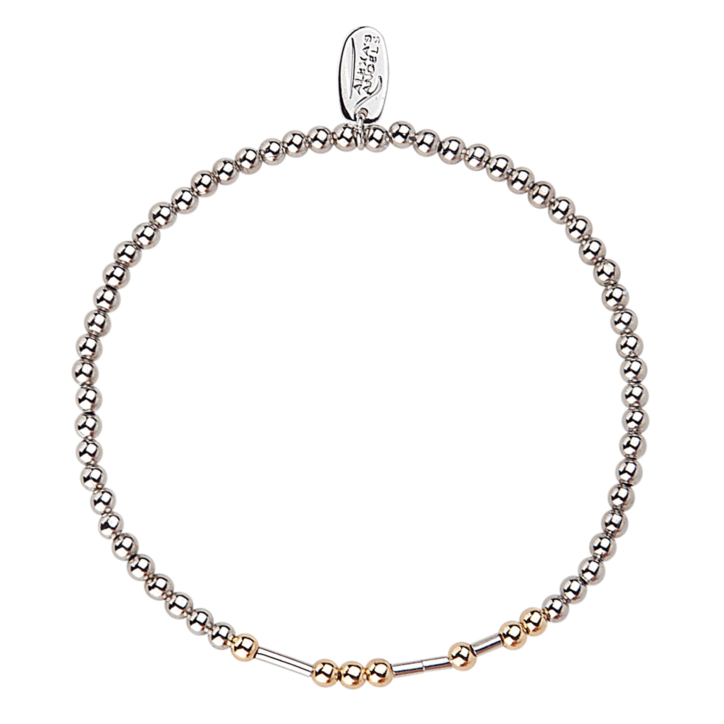 Silver beaded bracelet with a gold bar on a white background