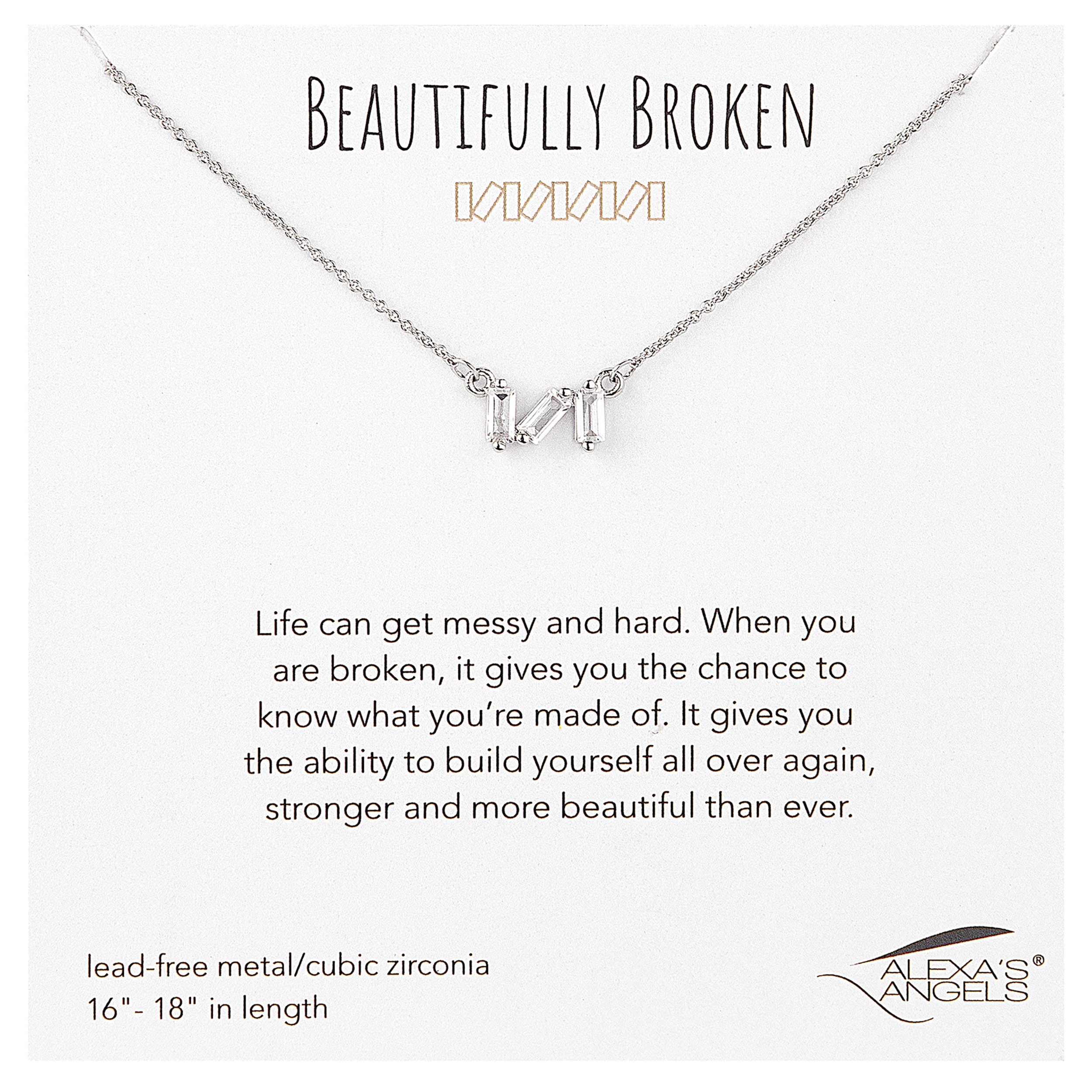 Silver necklace with baguette-shaped stones on a white background, featuring text about resilience and strength.