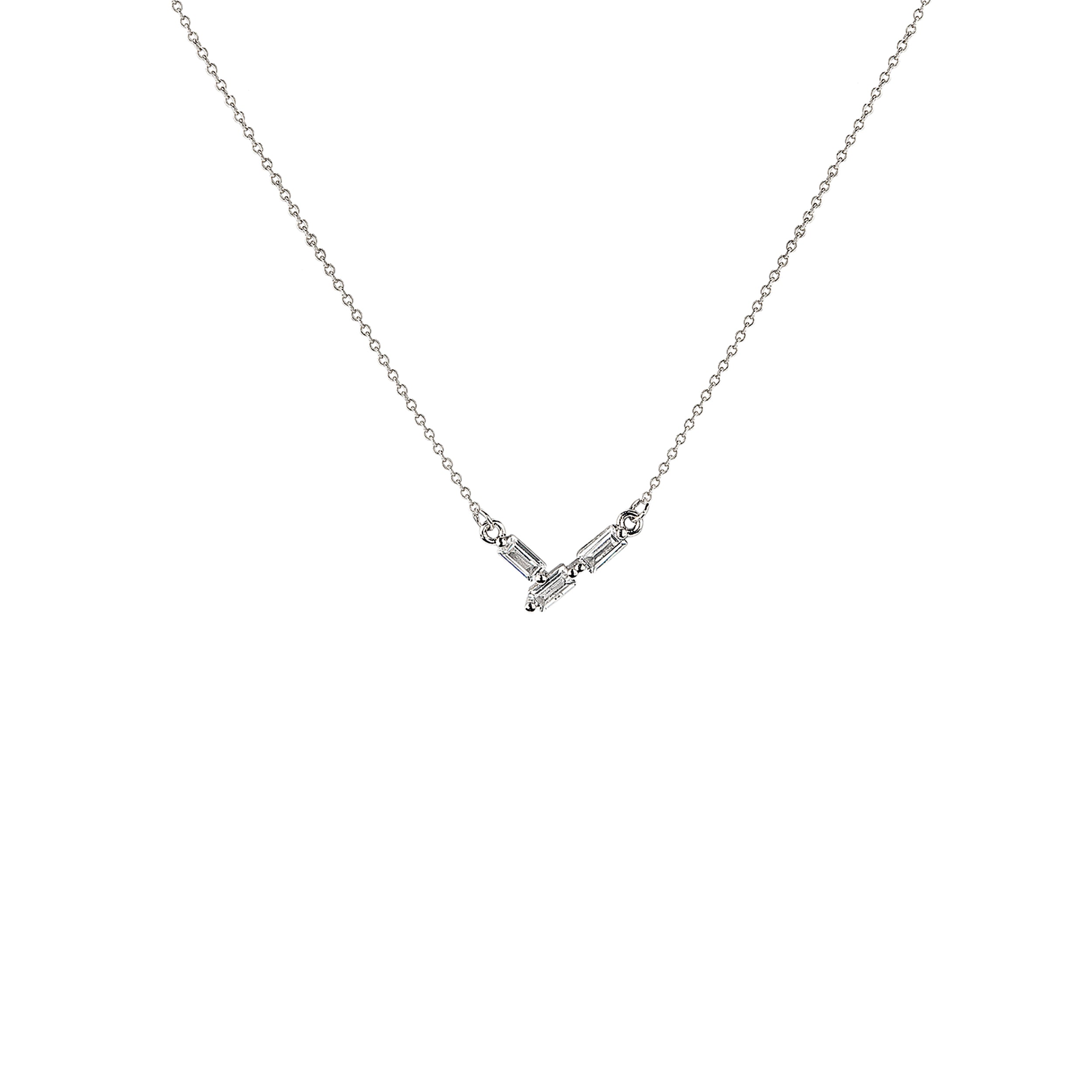 Silver necklace with a V-shaped pendant on a white background