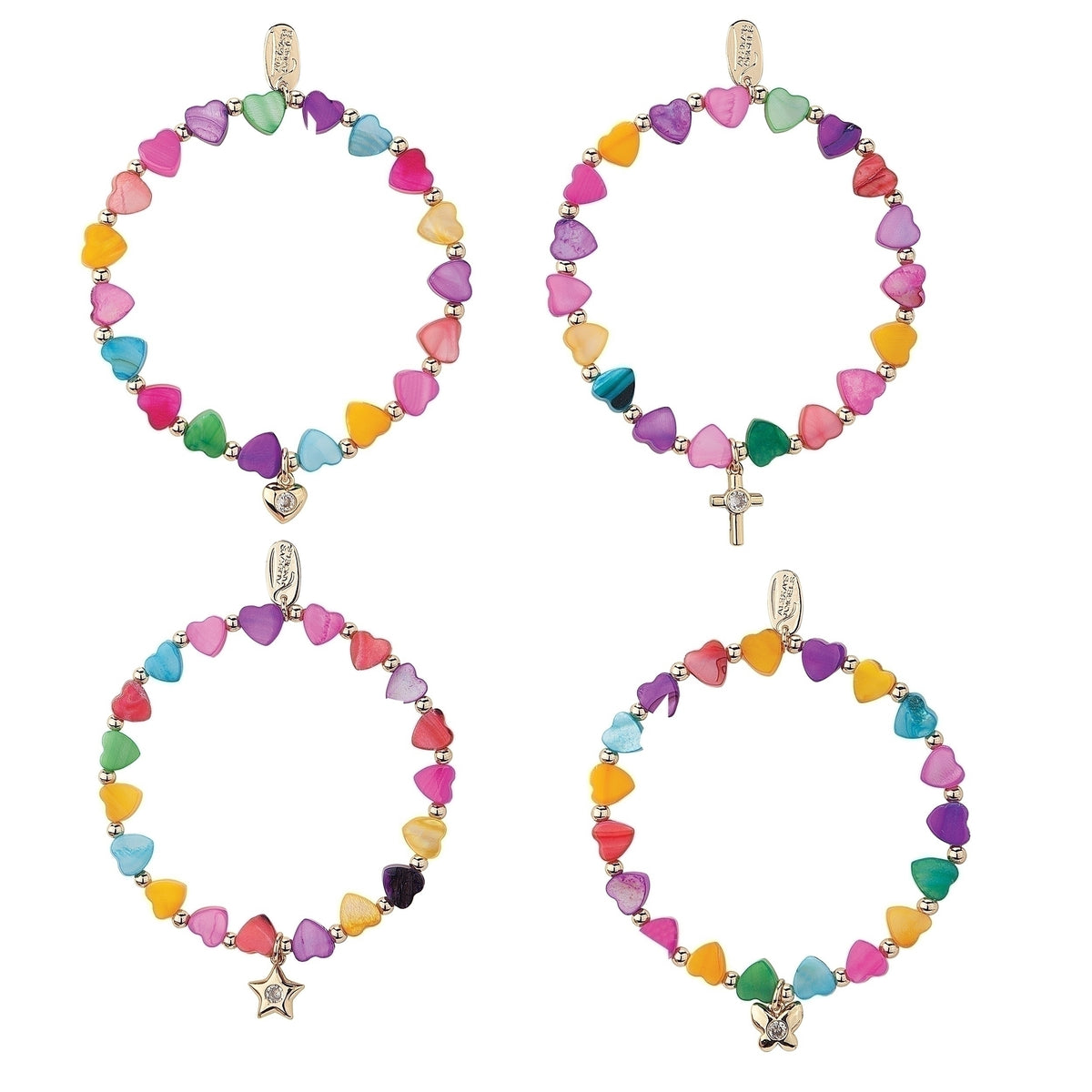Four colorful heart-bead bracelets displayed together with cross, heart, star, and butterfly charms.