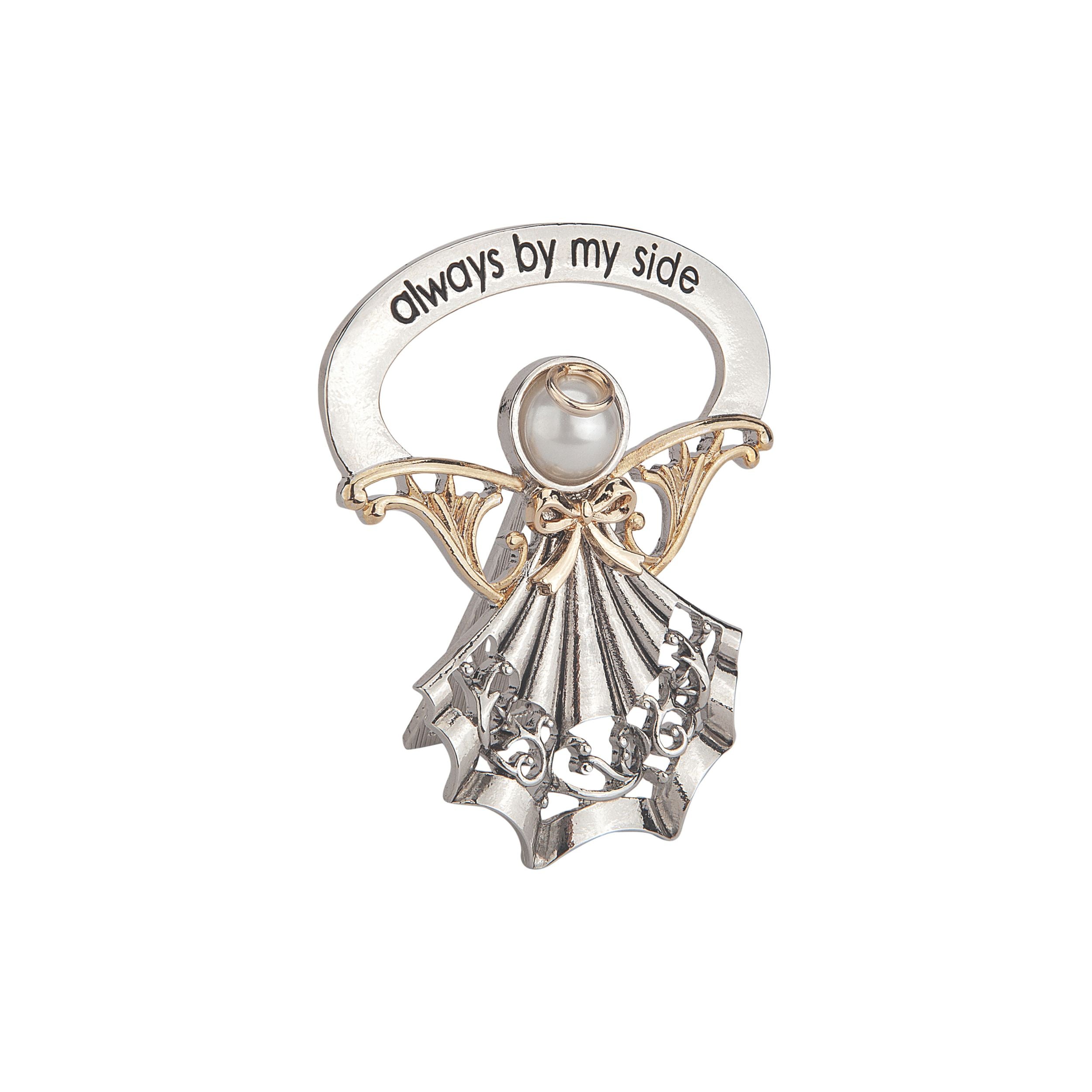Silver and gold angel brooch with 'always by my side' text on a white background