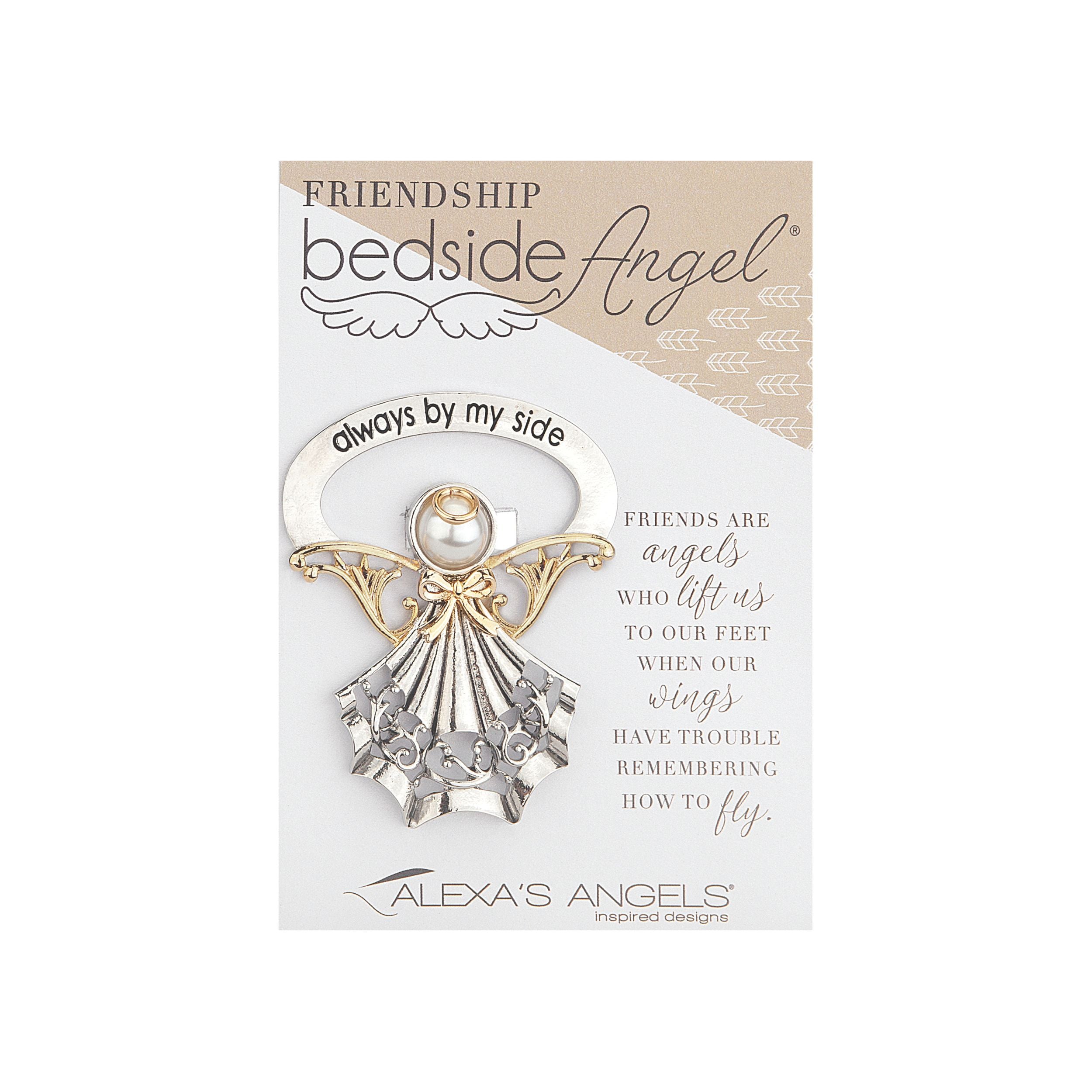 Friendship bedside angel on a packaging card with text and branding.