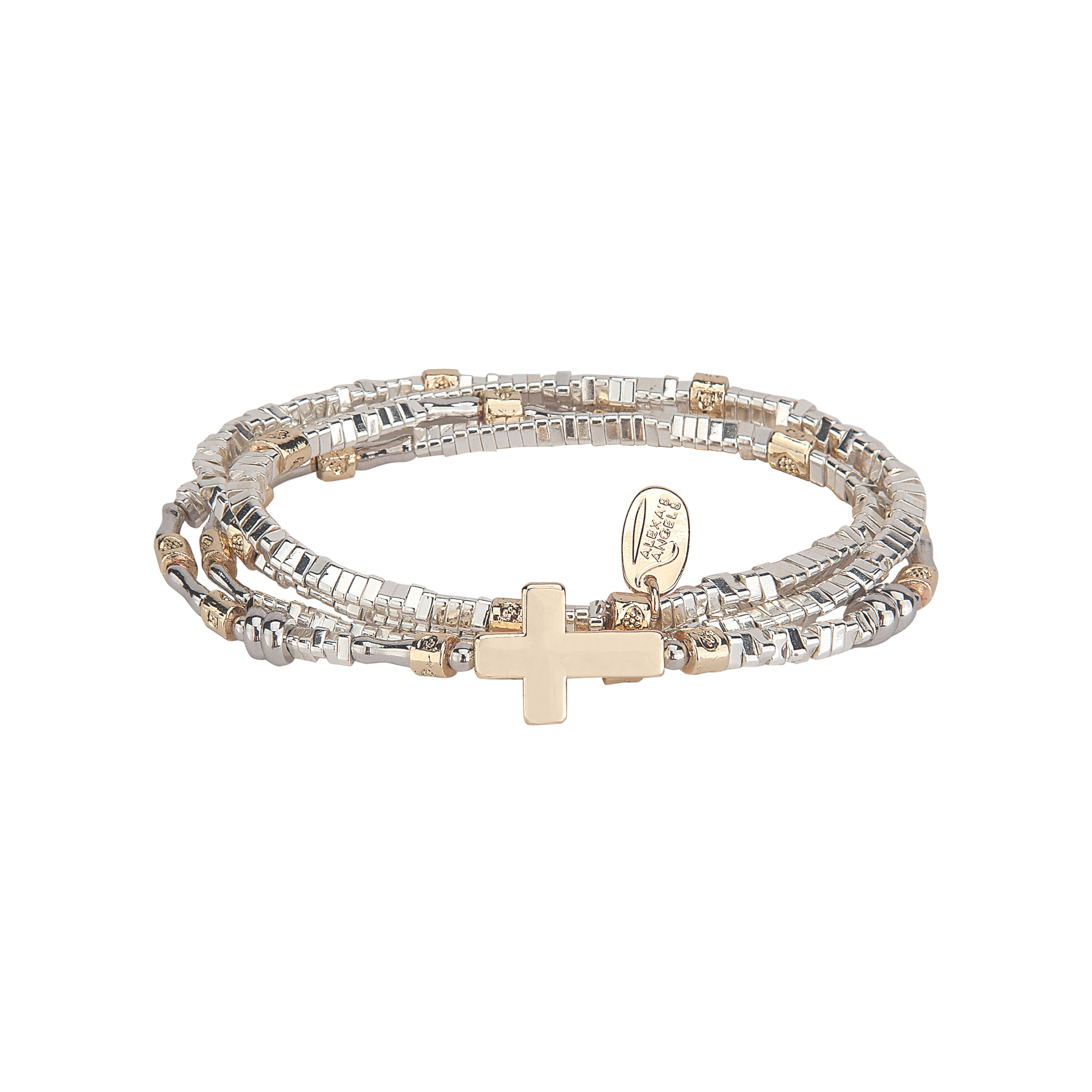 wrap beaded bracelet with a cross charm on a white background