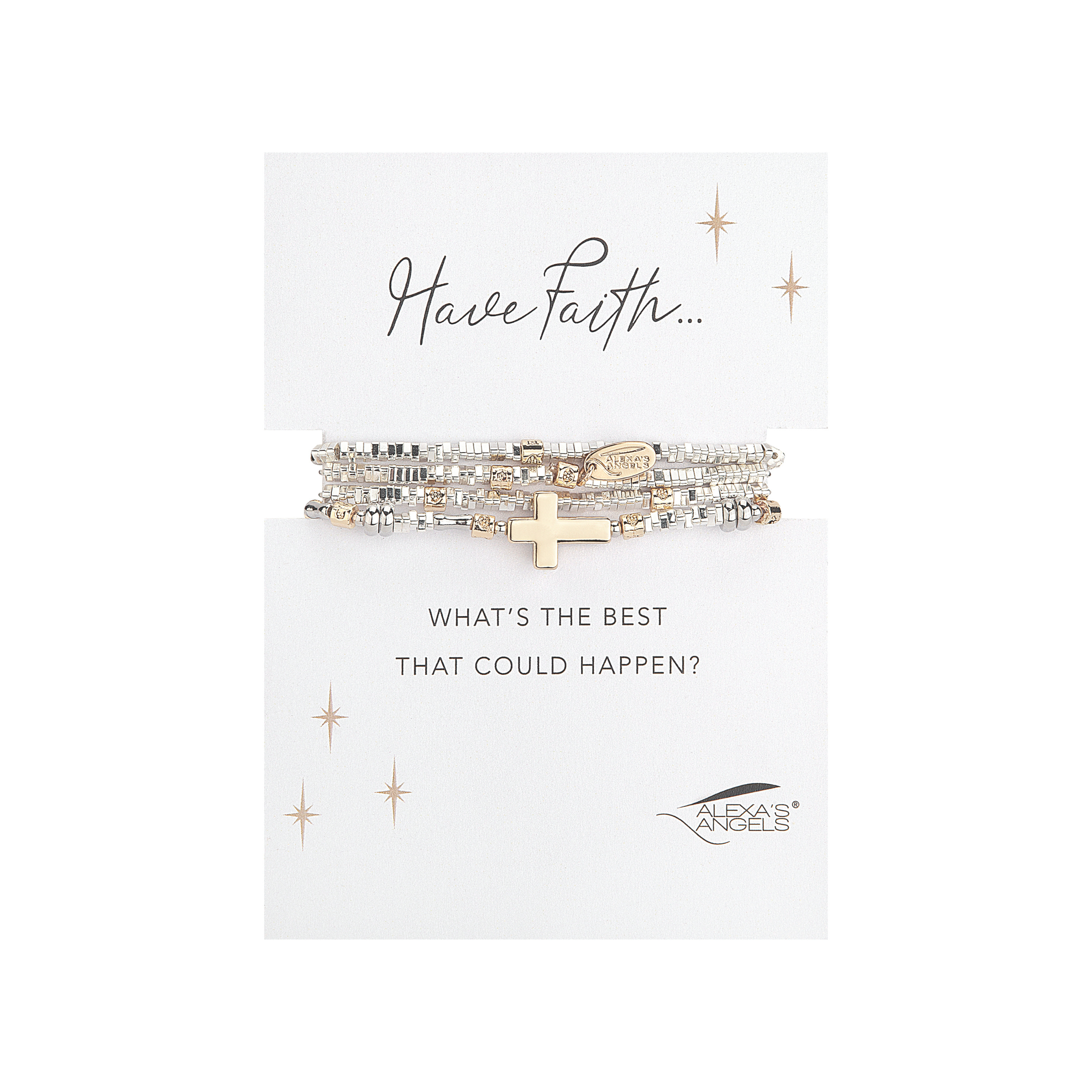 Jewelry set with cross and bow design on a white card with text and Alexa Angels logo.