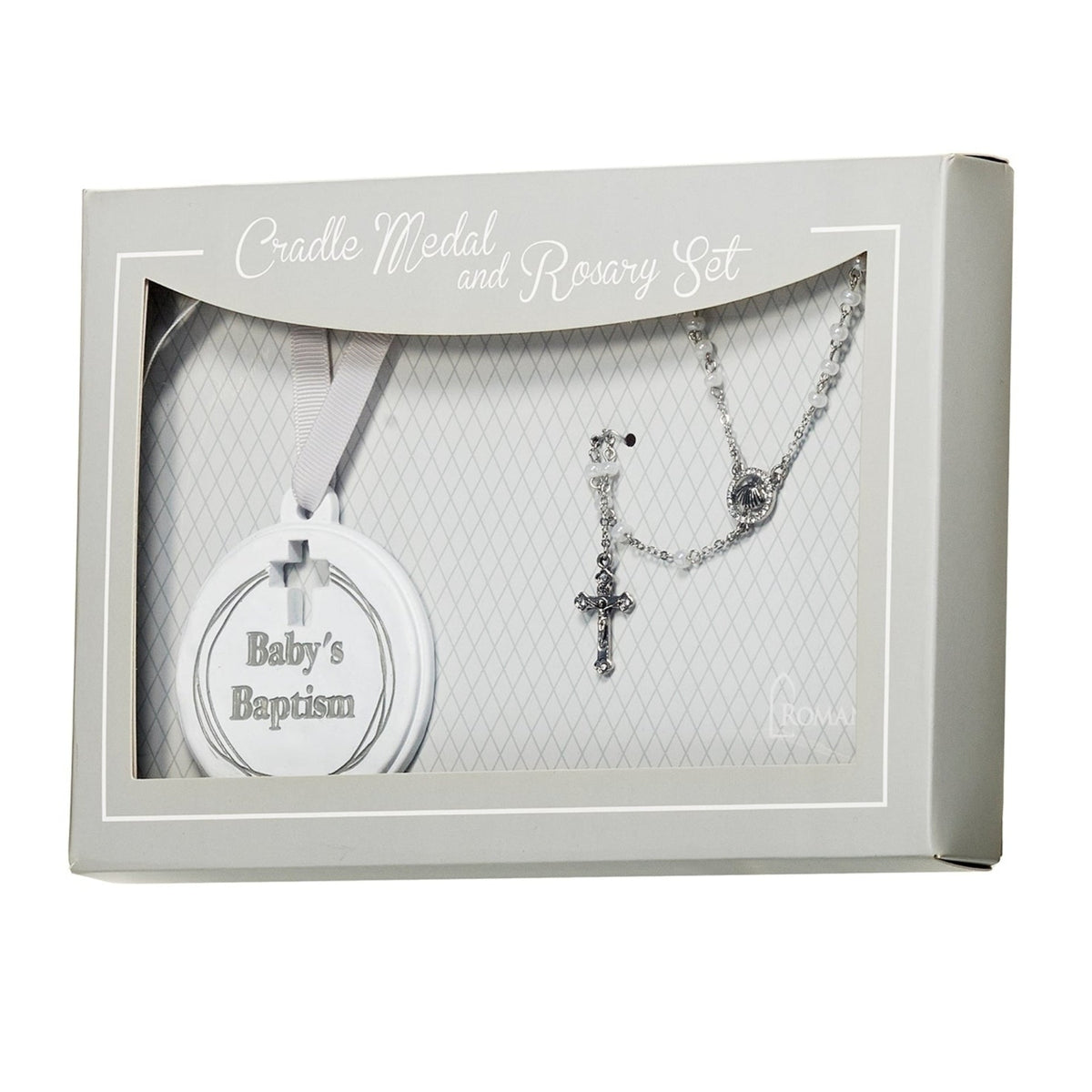 Close-up of Rosary & Cradle Medal Baptism Gift Set showing the baptism cradle medal and rosary arranged inside the presentation box