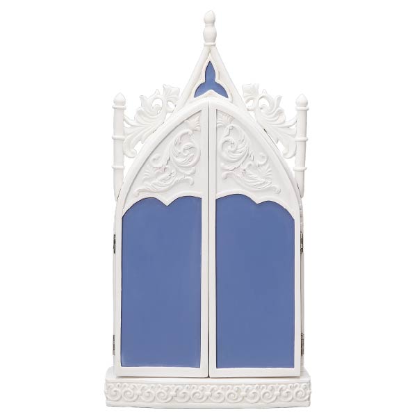 Front view of Triptych with Crucifixion showing the three hinged blue-and-white panels with ornate Gothic detailing