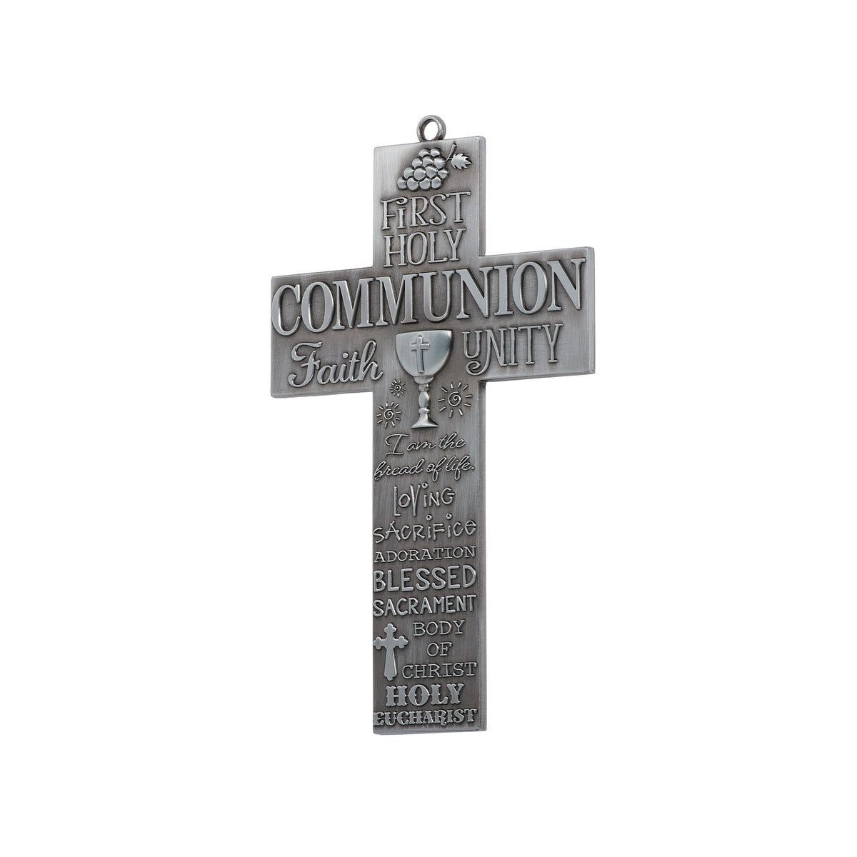 Front view of Caroline Collection First Communion Word Art Wall Cross showing the silver-tone finish, raised devotional words, and central Communion symbols