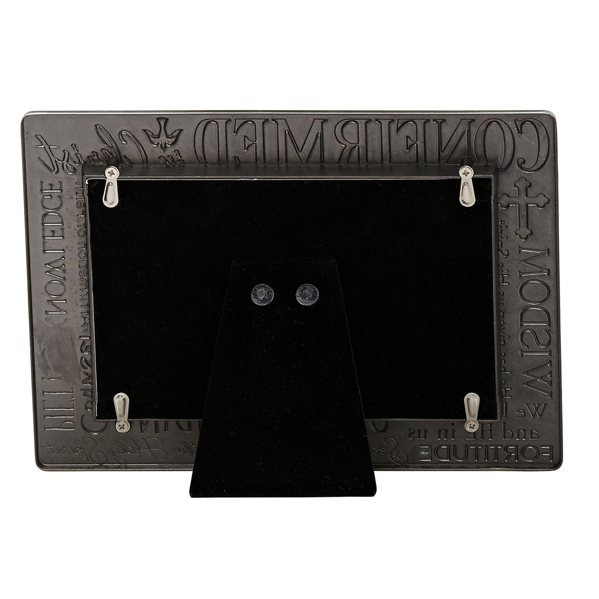 Back view of Caroline Collection Confirmation Faith & Virtues Picture Frame showing the dark backing and fold-out tabletop easel stand