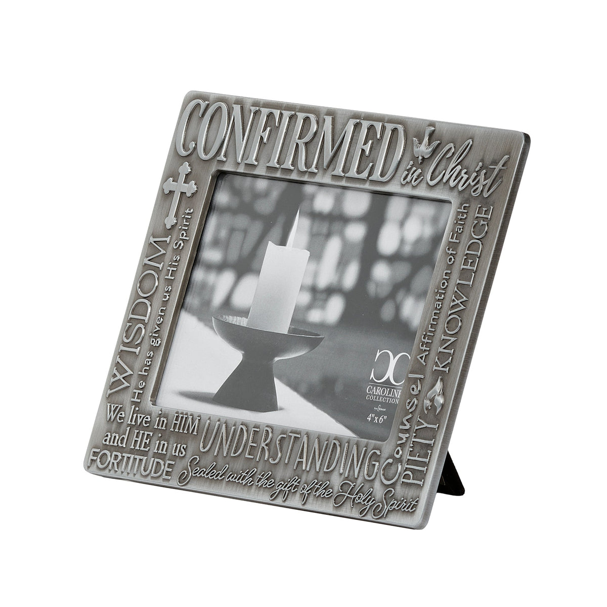 Front angled view of Caroline Collection Confirmation Faith & Virtues Picture Frame showing the embossed devotional words, silver-tone finish, and photo opening
