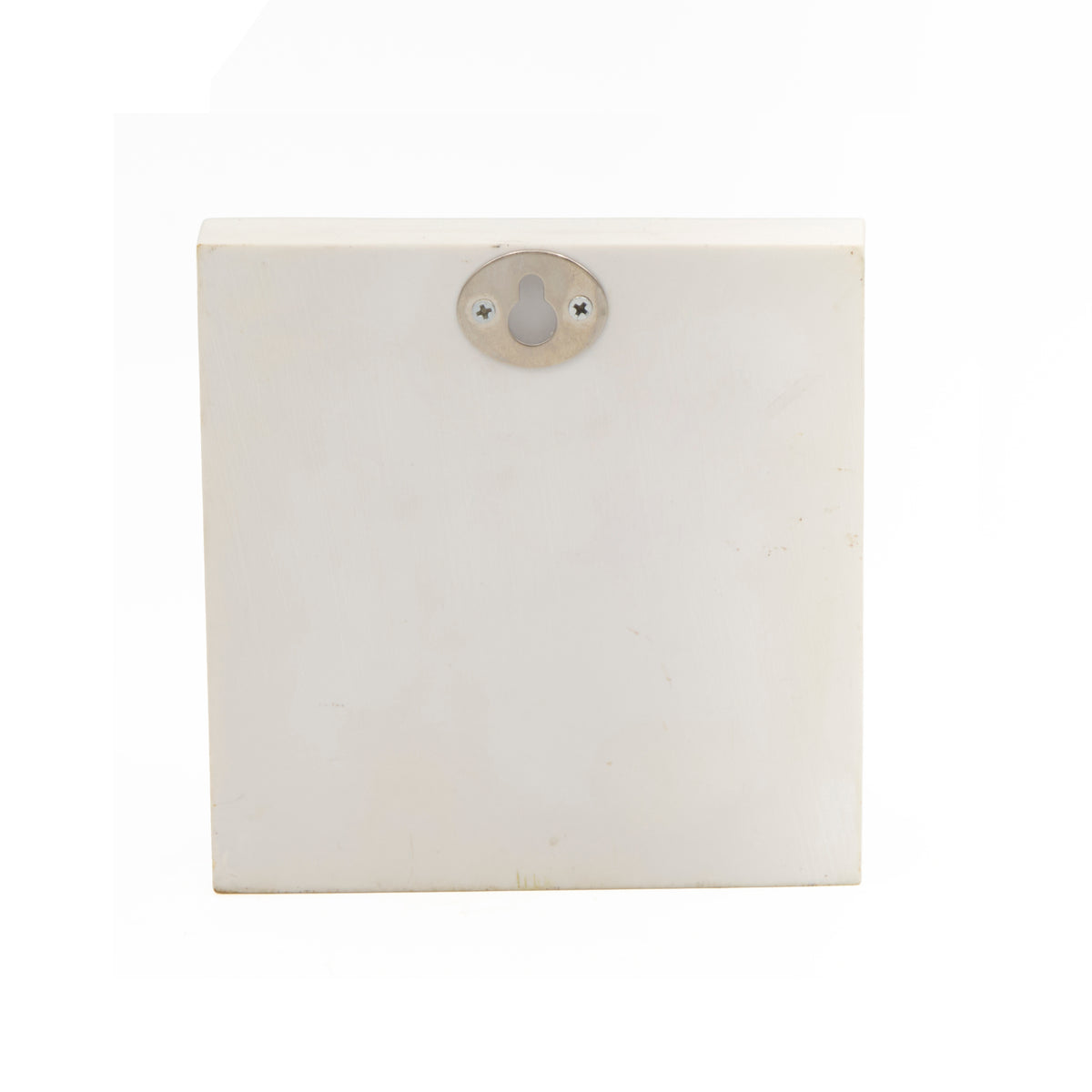 Back view of St. Michael Tabletop Plaque showing the plain white resin finish and round hanging or mounting detail