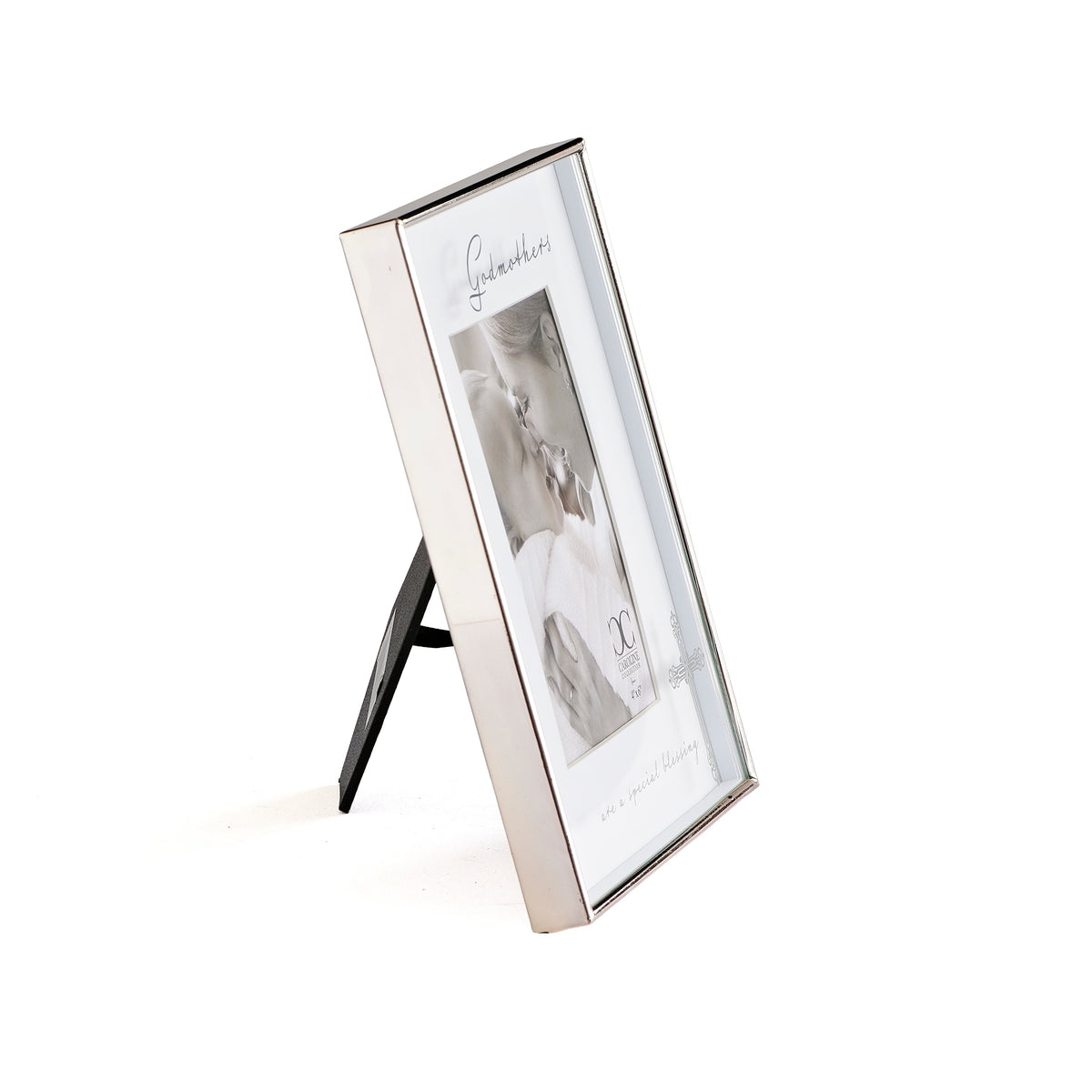 Front angled view of Caroline Collection Godmother Special Blessing Picture Frame showing the silver-tone border, photo opening, cross accent, and easel stand