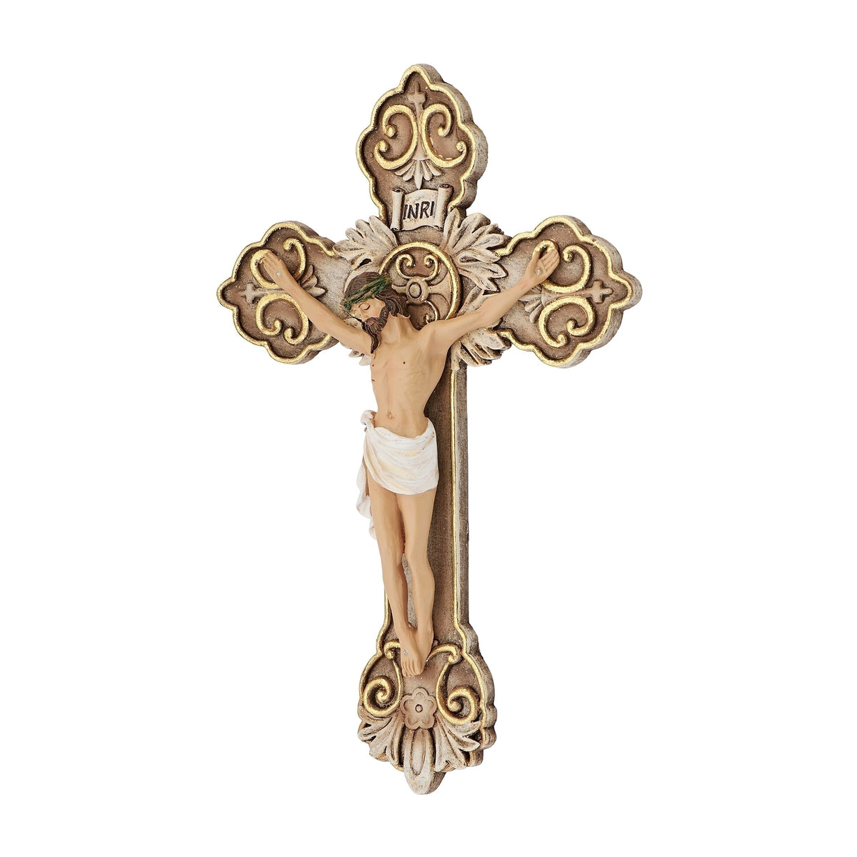 Gold decorative wall crucifix with sculpted floral accents and corpus of Jesus Christ