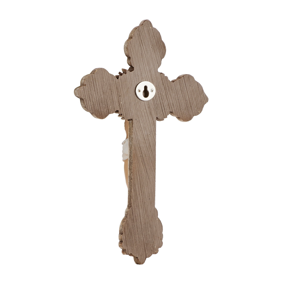 Back view of decorative Catholic wall crucifix with hanging hardware
