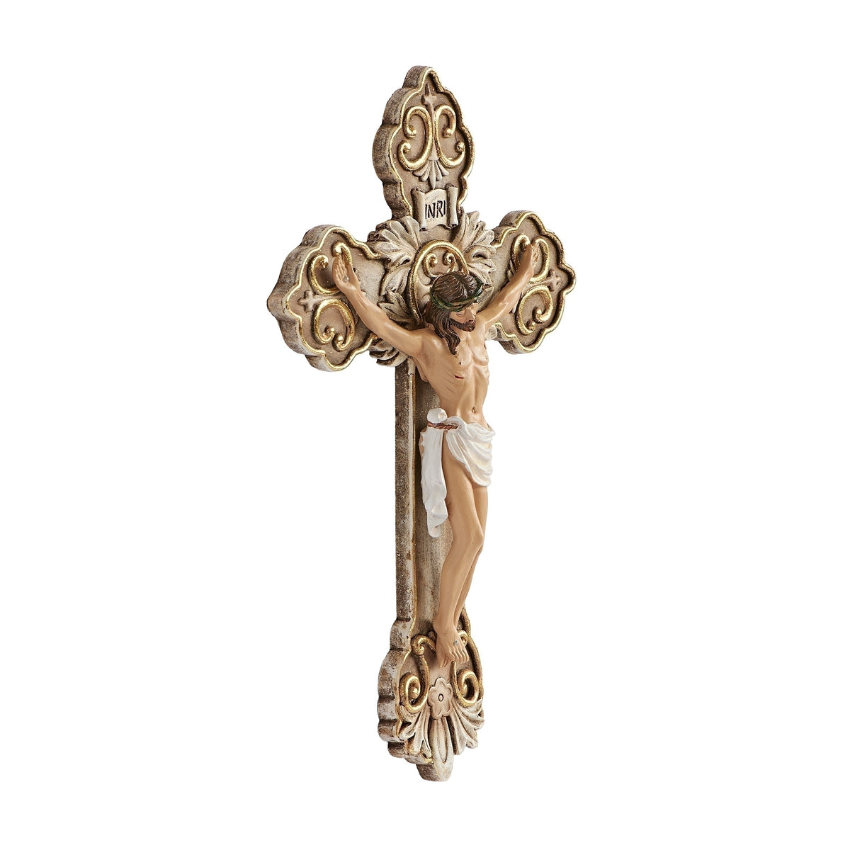 Ornate gold wall crucifix with floral scrollwork, INRI plaque and Jesus figure