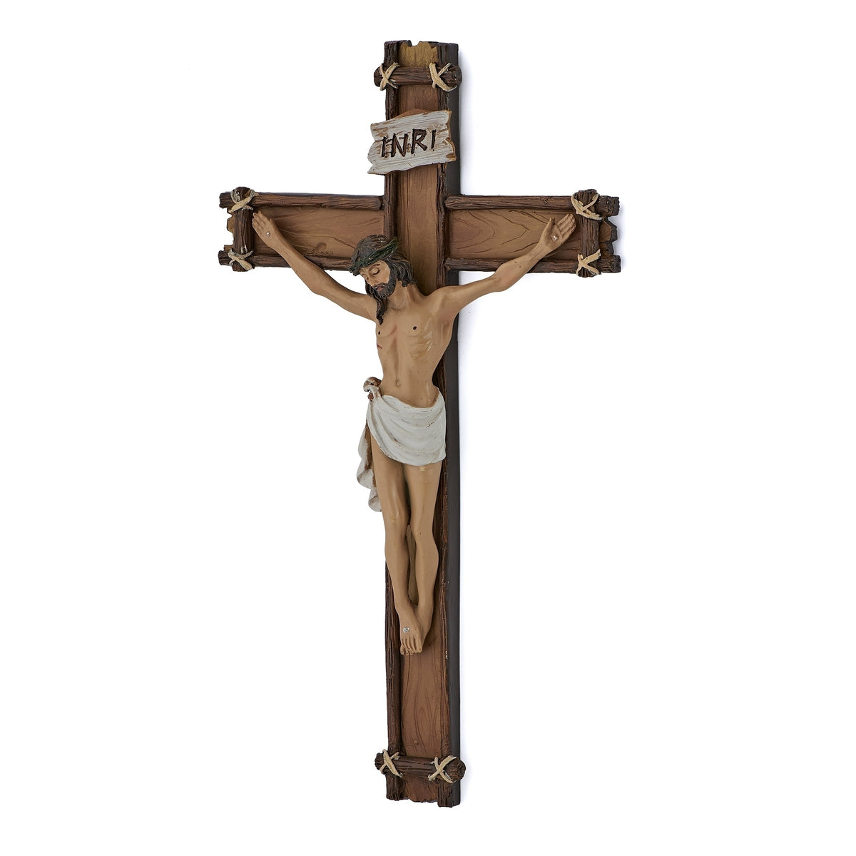 Traditional Catholic crucifix with Jesus corpus, INRI plaque and rustic rope accents