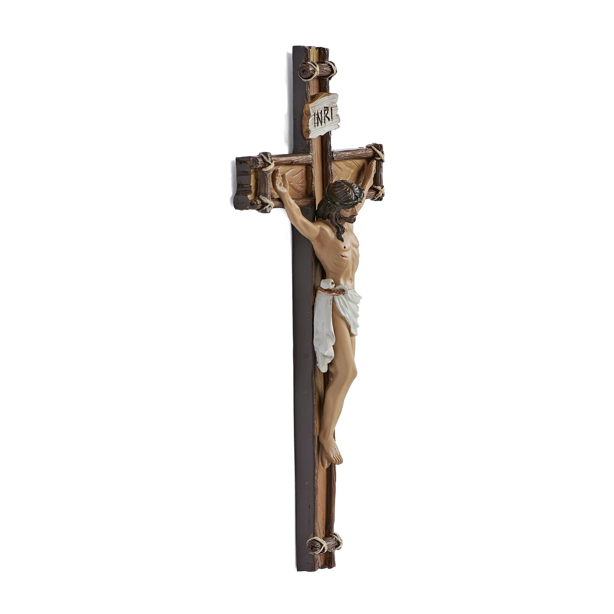 Side view of rustic rope-tied wall crucifix with sculpted Jesus figure