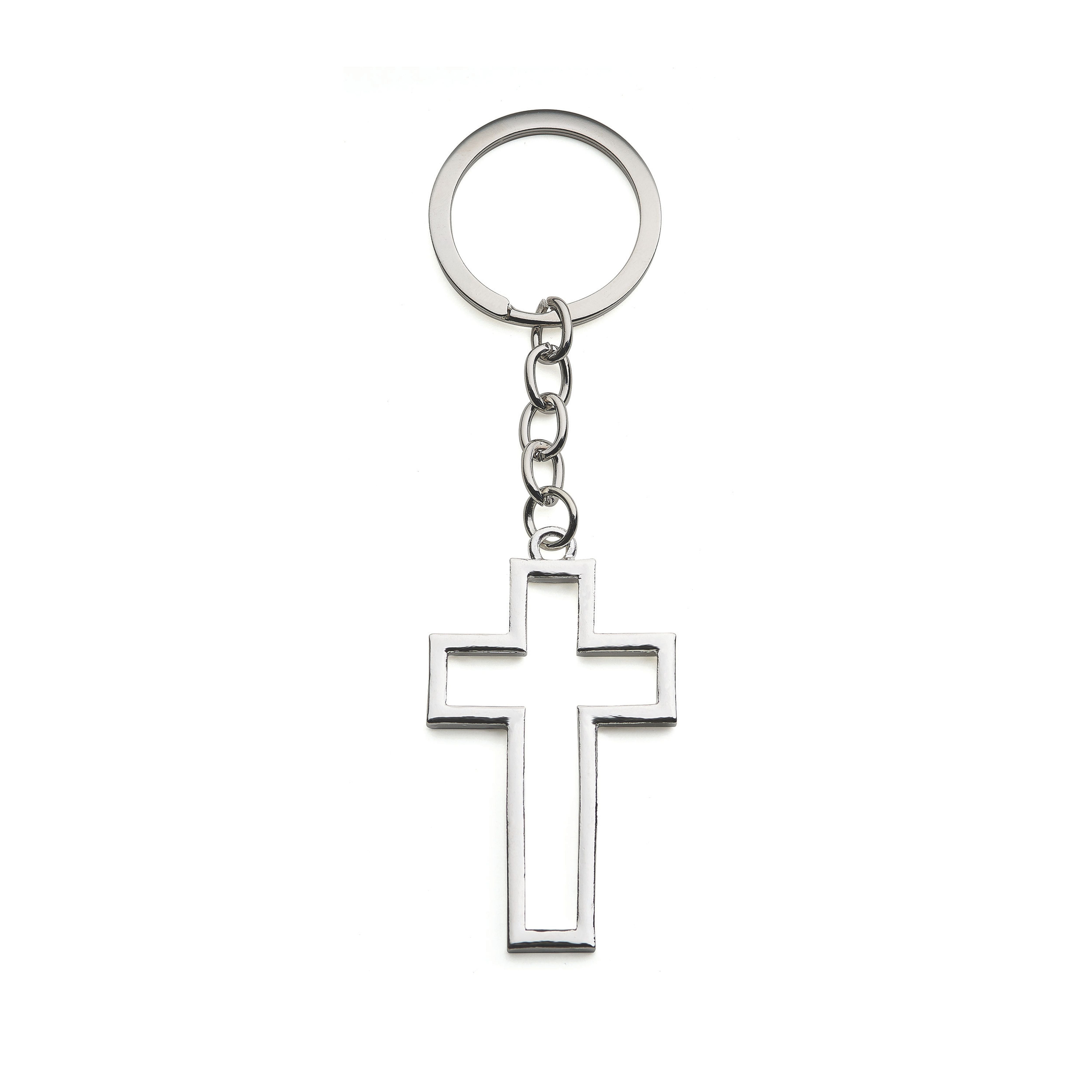 Silver cross keychain on a white background