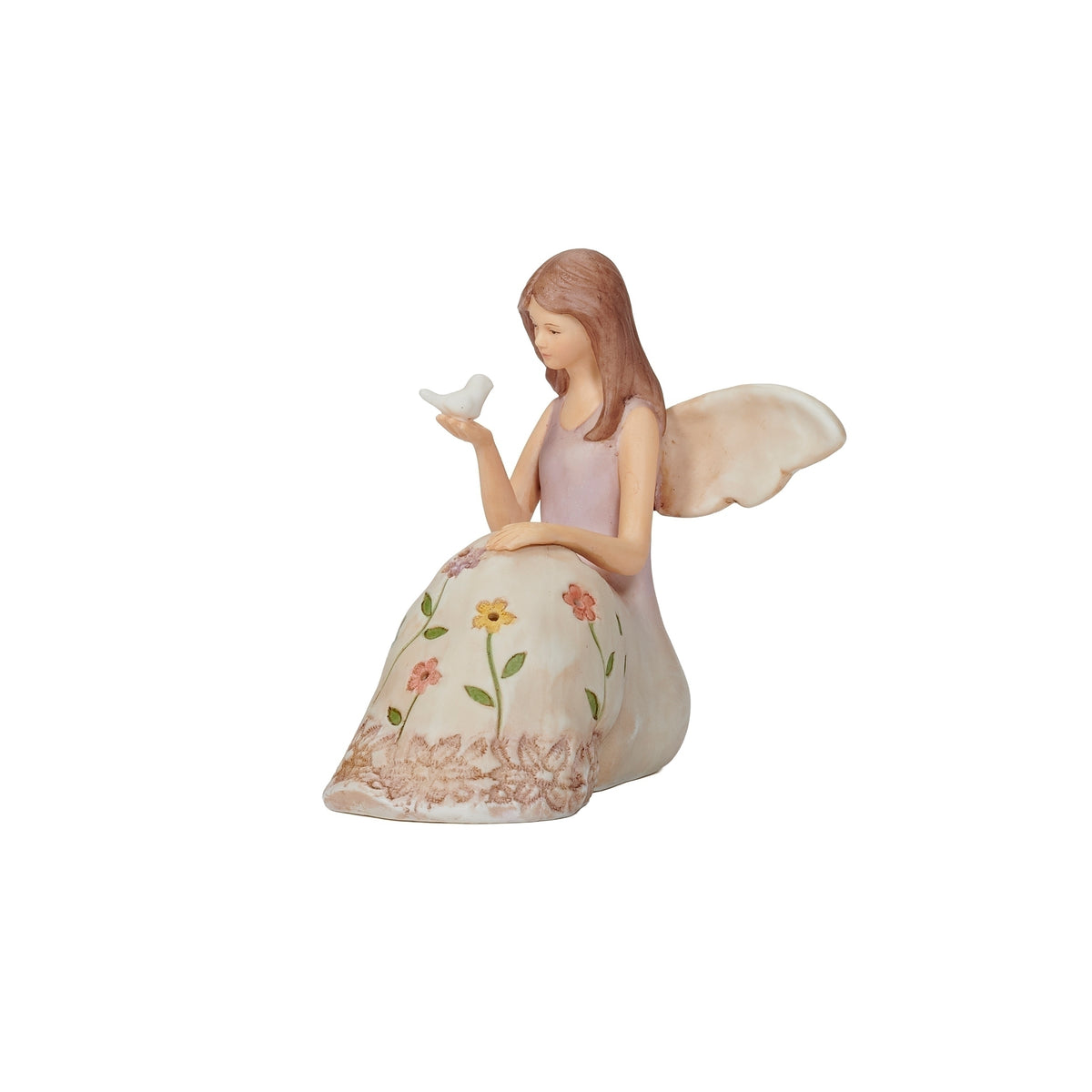 Opposite side view of seated angel holding a bird with detailed floral gown