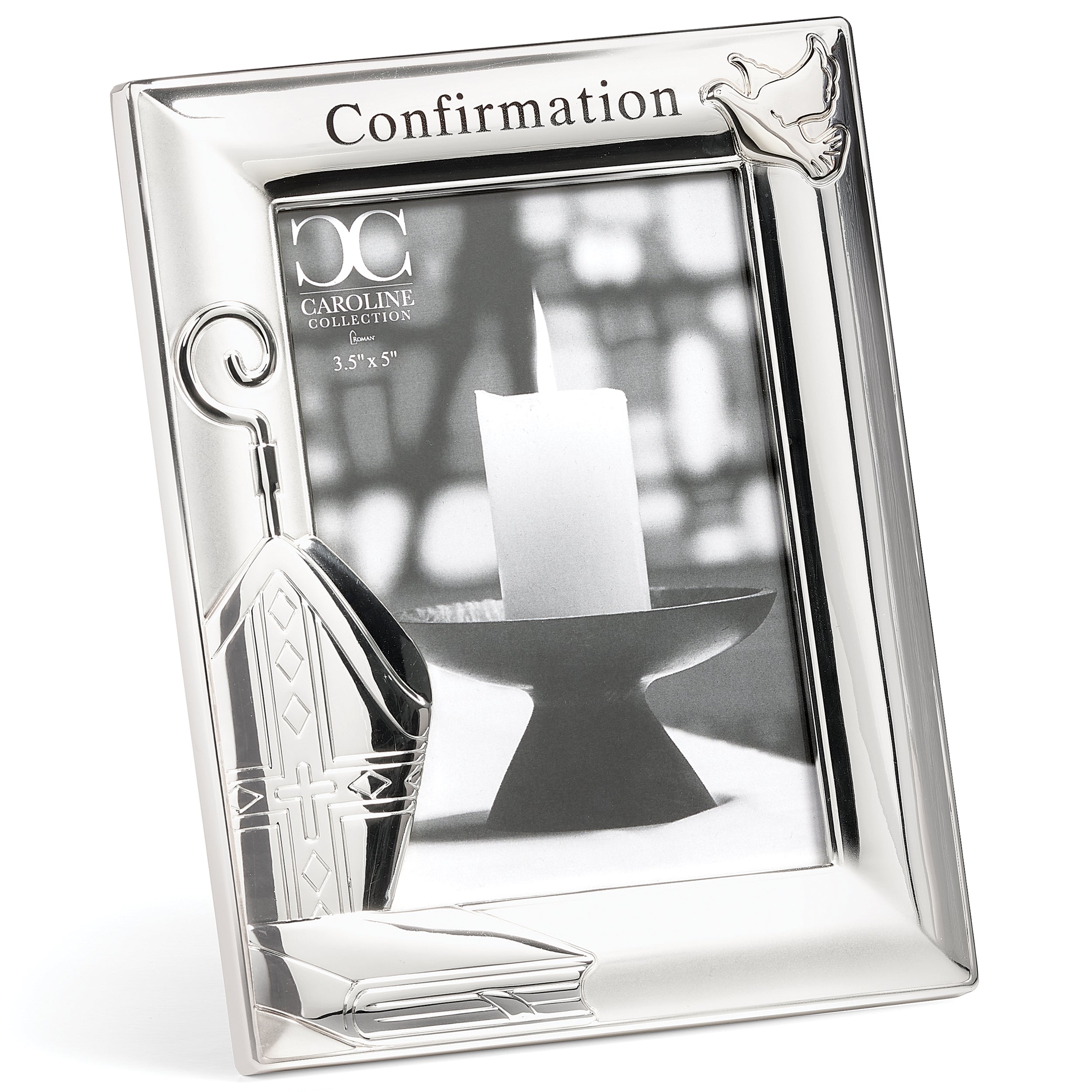 Caroline Collection Silver Confirmation Frame with Bishop’s Miter & Dove
