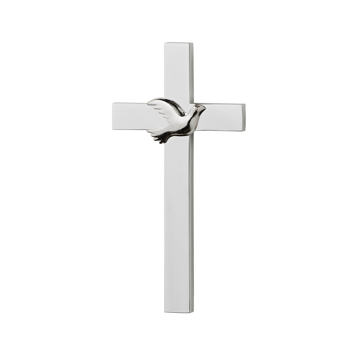 Side angled view of Caroline Collection Confirmation Wall Cross showing the slim metal profile and sculpted dove accent