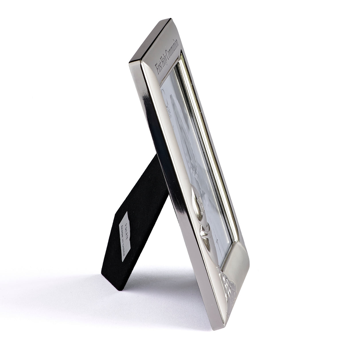 Front angled view of Caroline Collection First Communion Radiant Silver Picture Frame showing the polished border, chalice accent, grape detailing, and tabletop stand
