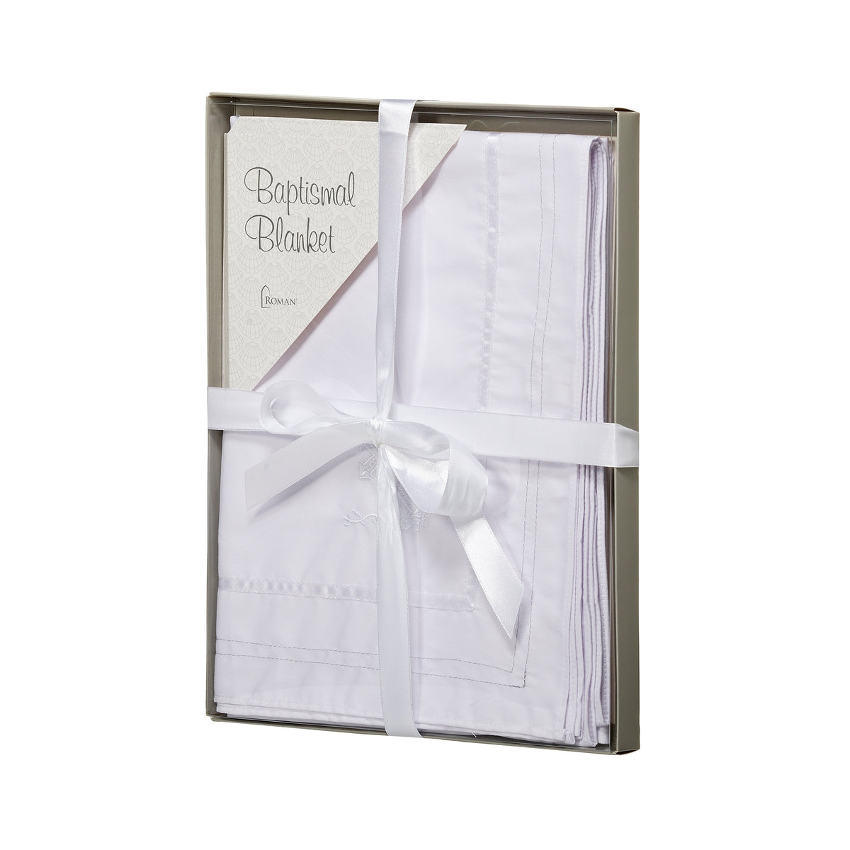 White Baptism Blanket presented in a gift box with coordinating white ribbon and embroidered cross detail visible