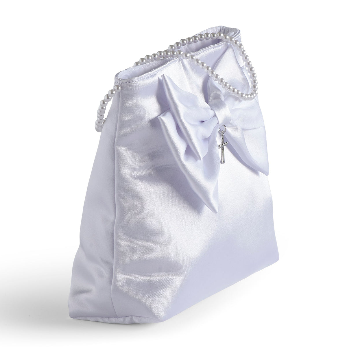 Side view of Girl's First Communion purse showing the gathered satin sides and compact profile