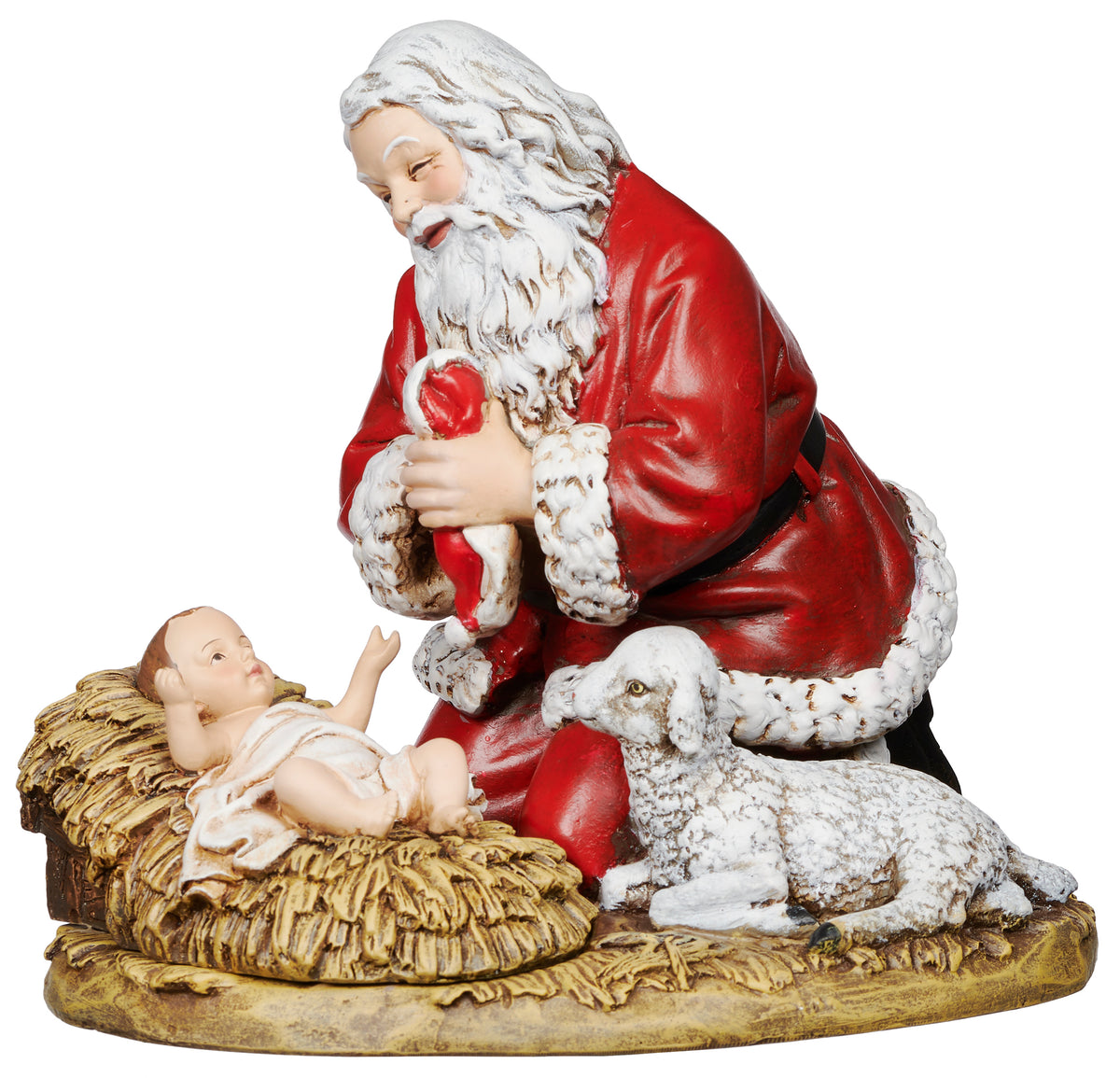 Front angled view of Joseph's Studio Kneeling Santa Figure showing Santa praying beside baby Jesus in the manger with the lamb resting at his side