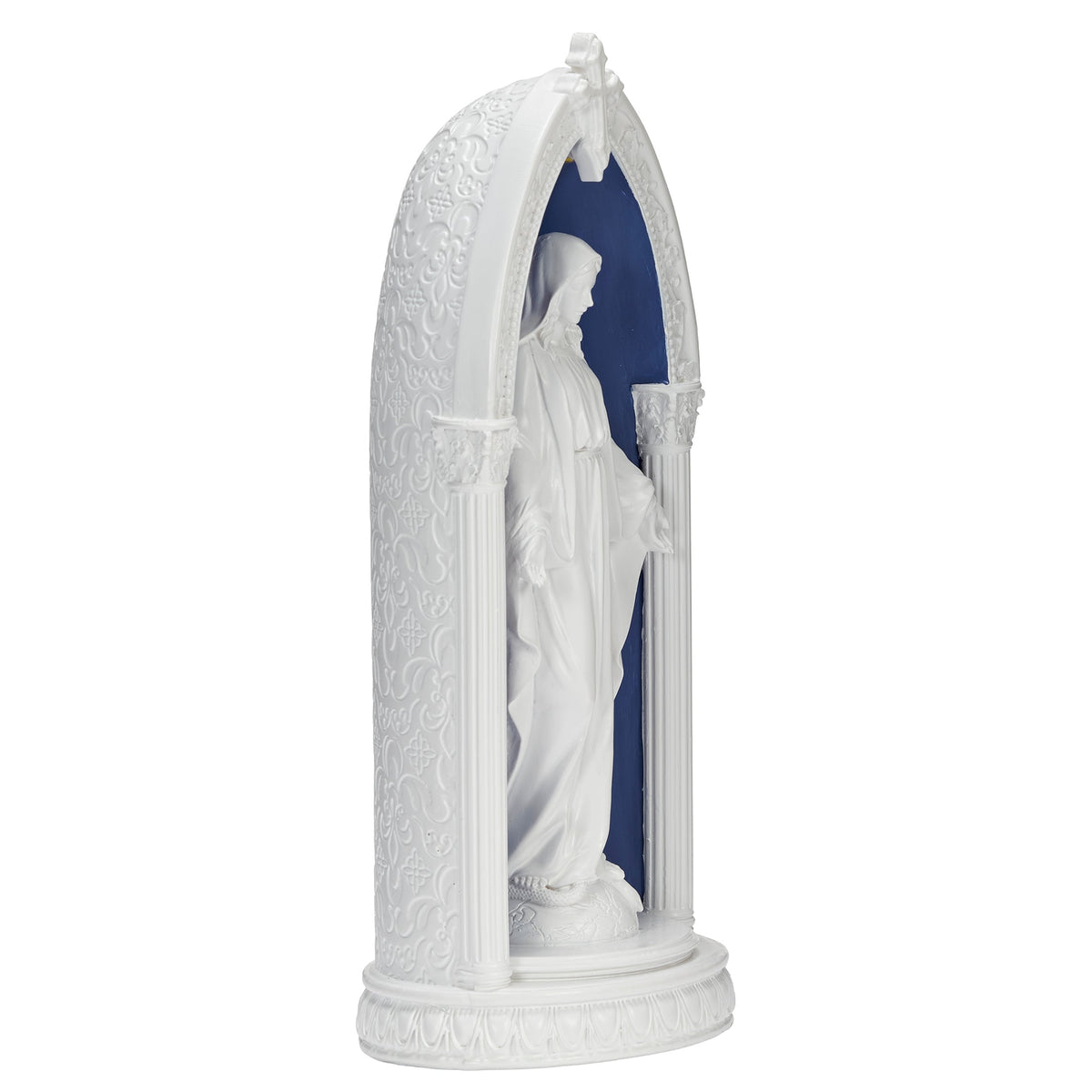 Side view of Our Lady of Grace in Arch showing the raised white figure, blue background, and decorative arch