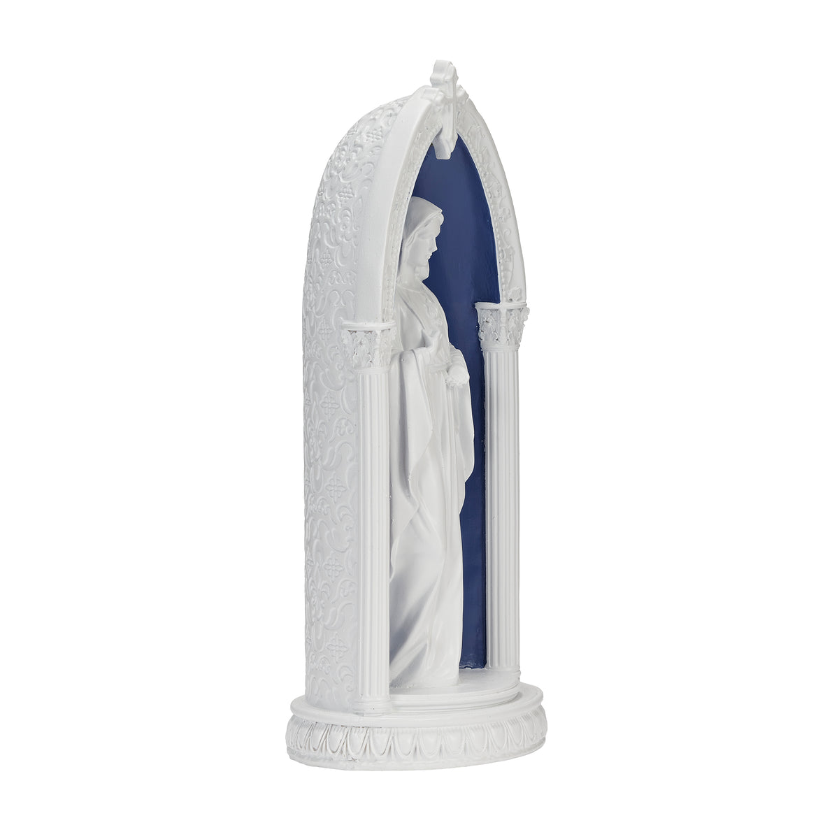 Side view of Lighted Immaculate Heart of Mary in Arch showing the raised white relief, blue background, and arched frame