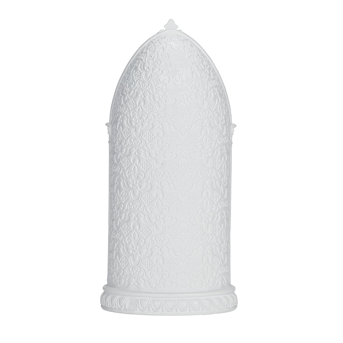 Back view of Lighted Holy Family in Arch showing the plain white arched backing and sculpted base
