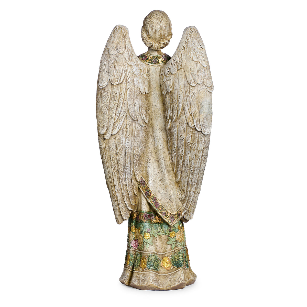 Back view of Joseph's Studio Praying Angel in Rose-Patterned Gown Garden Statue showing the large textured wings and long floral-patterned gown