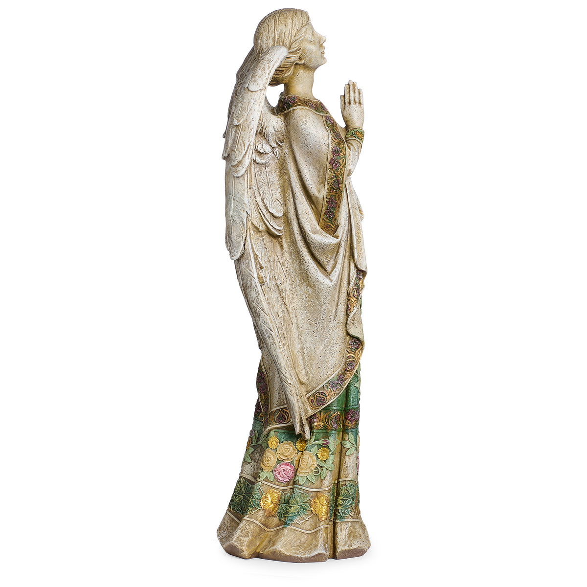Opposite side view of Joseph's Studio Praying Angel in Rose-Patterned Gown Garden Statue showing the bowed head, folded hands, and raised rose details