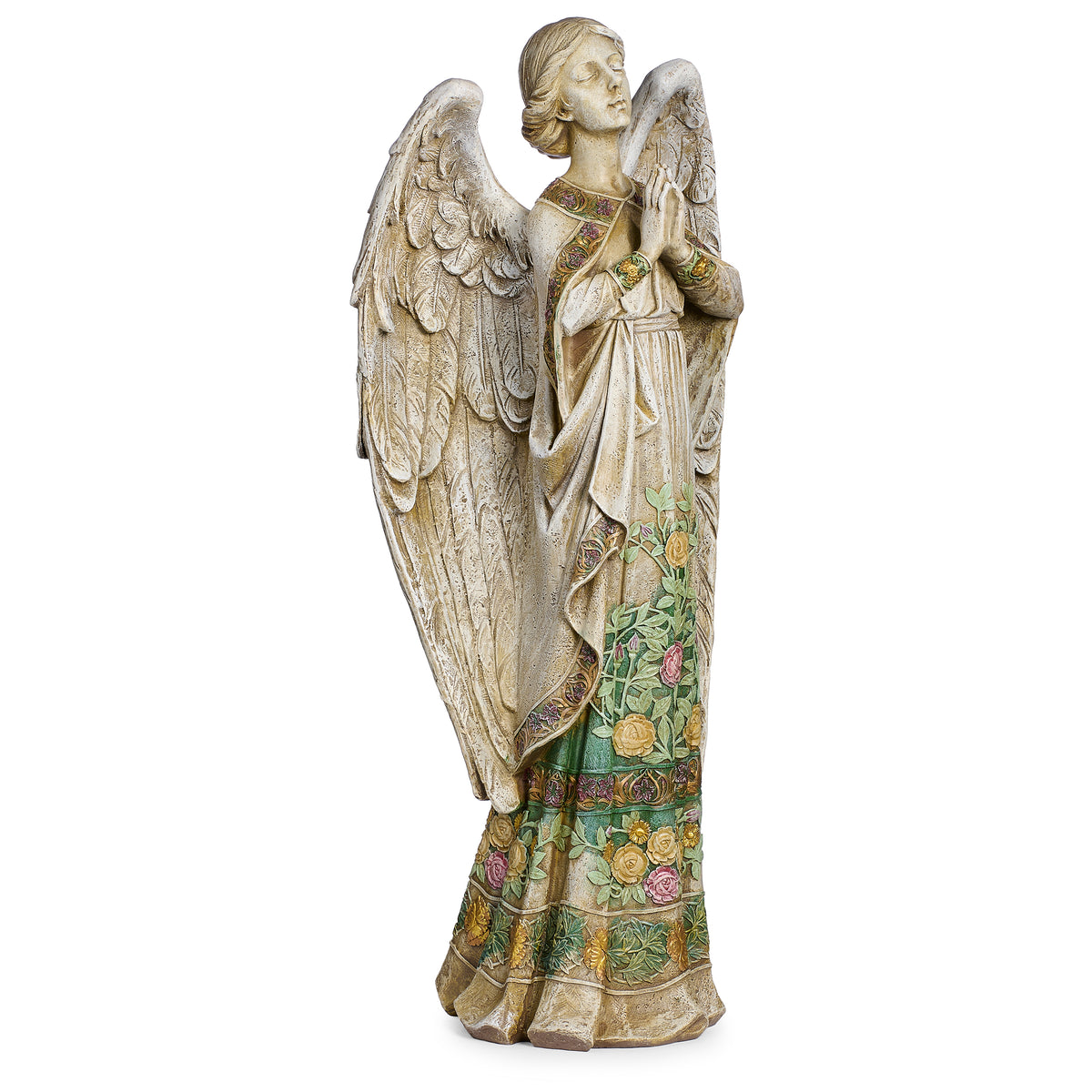 Alternate front angled view of Joseph's Studio Praying Angel in Rose-Patterned Gown Garden Statue highlighting the prayerful expression, wings, and floral gown