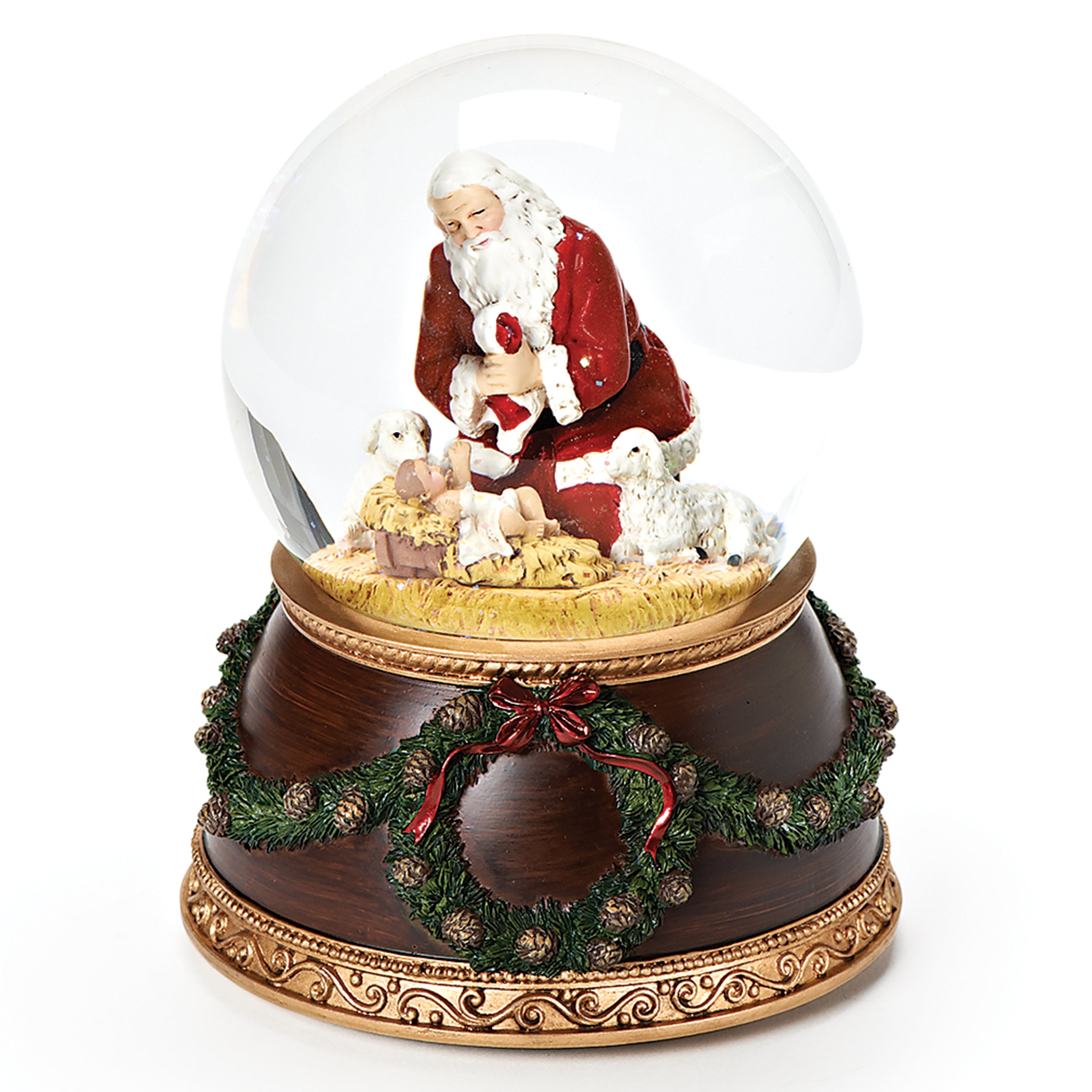 Glitterdome Musical Kneeling Santa with Wreath Base- "Silent Night" Tune