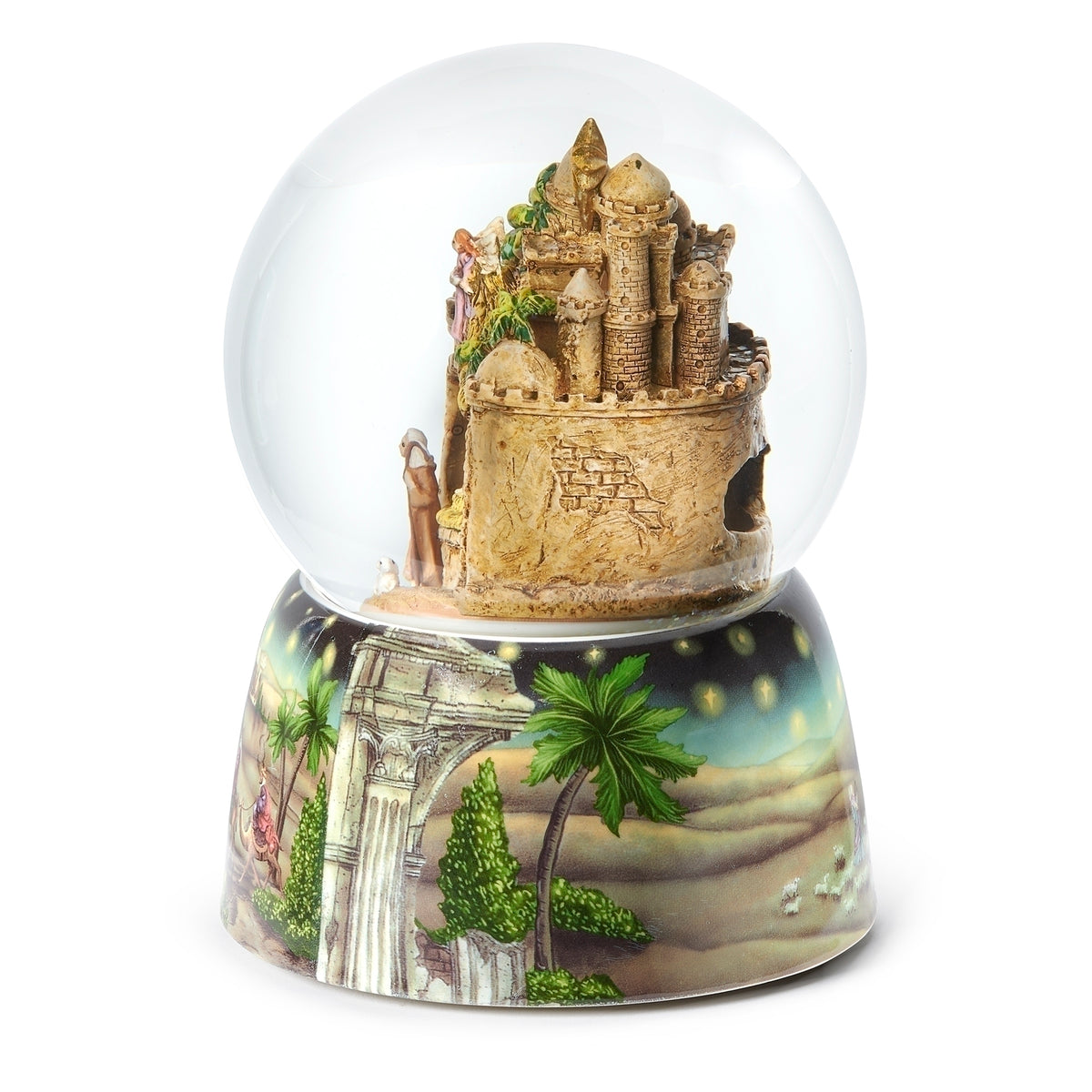 Side view of Bethlehem musical snow globe showing stone towers and a winding path decorating the base.