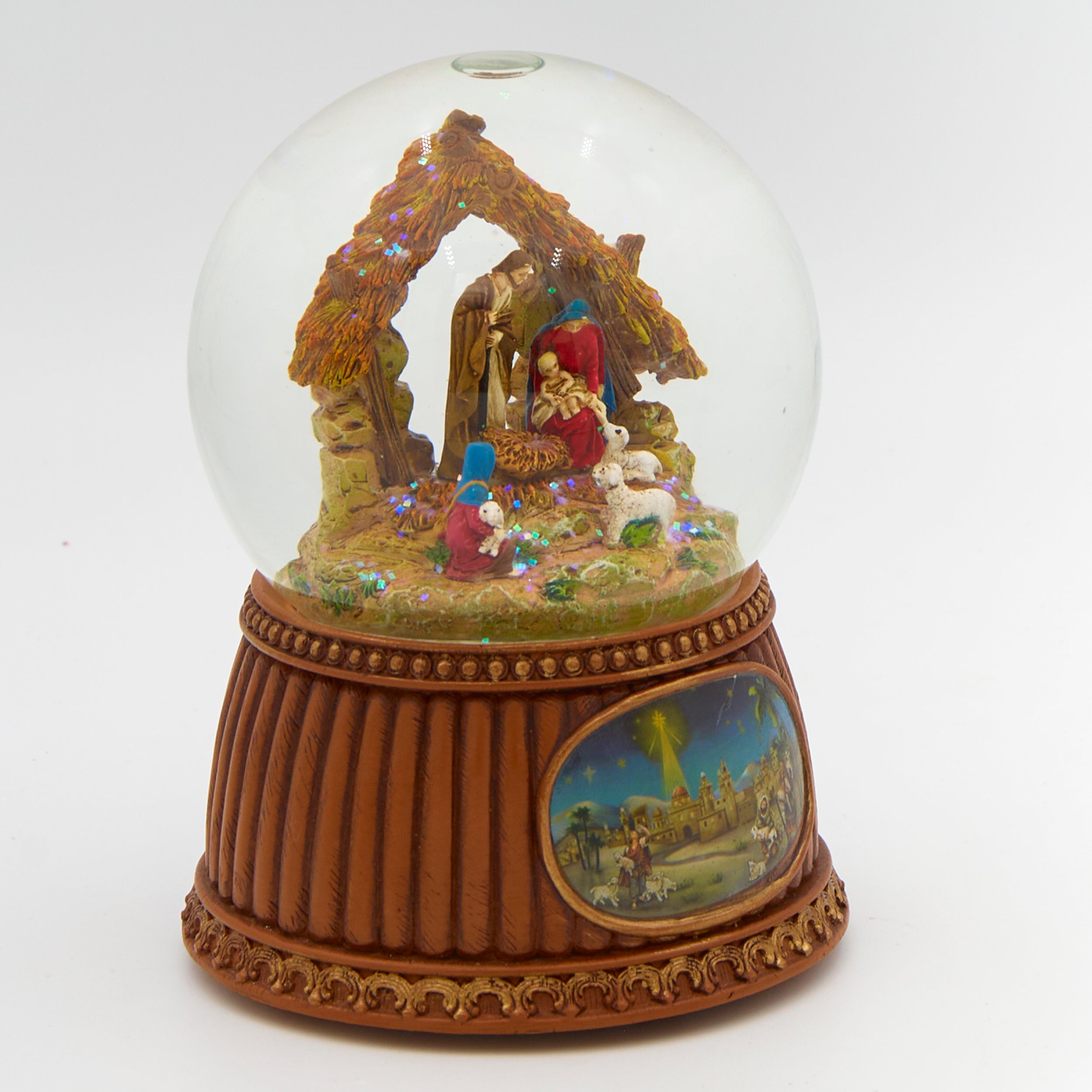 Glitterdome Musical Nativity with Wood Look Base - "O Holy Night" Tune