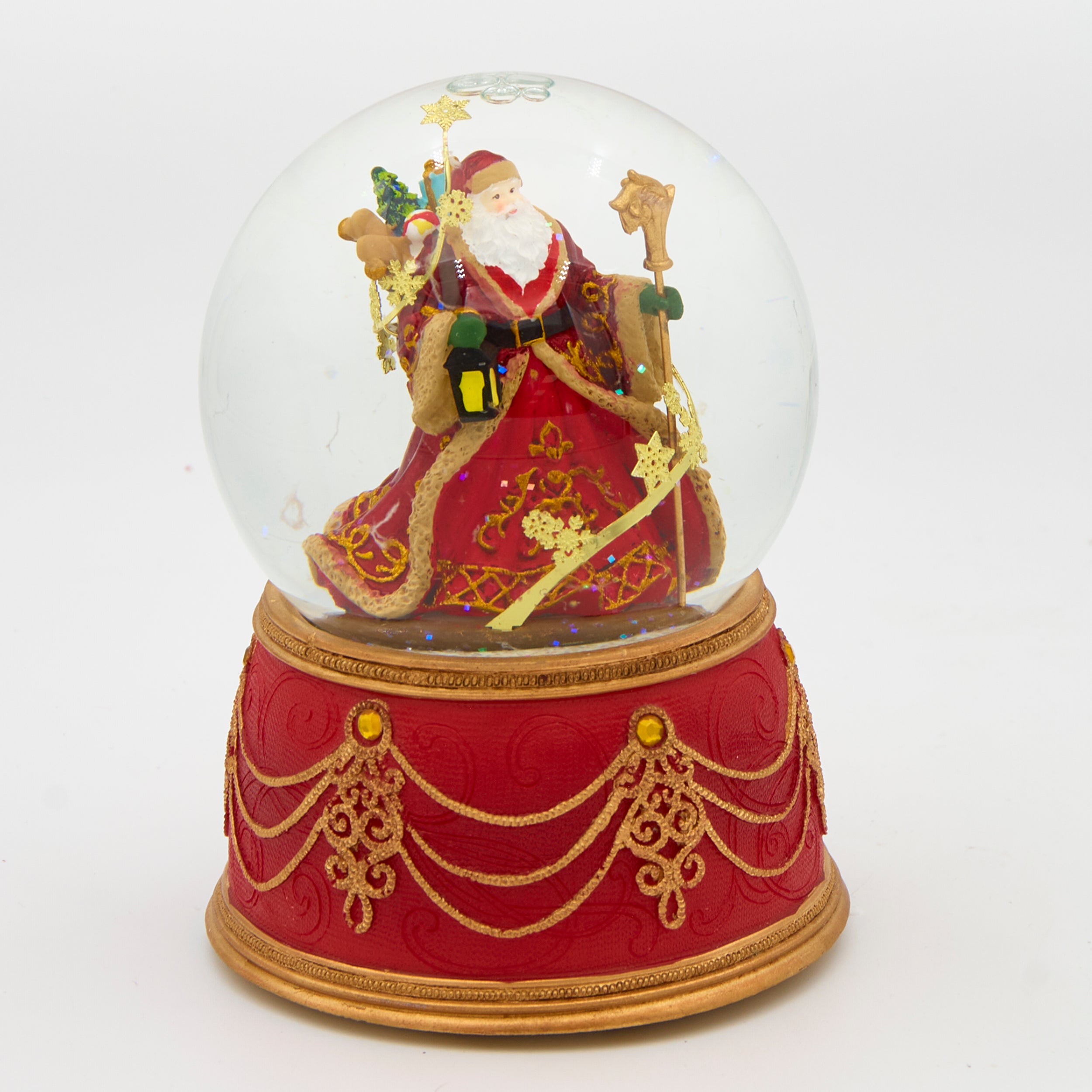 Glitterdome Musical Santa with Red Base & Brass Snowflakes- "We Wish You a Merry Christmas" Tune