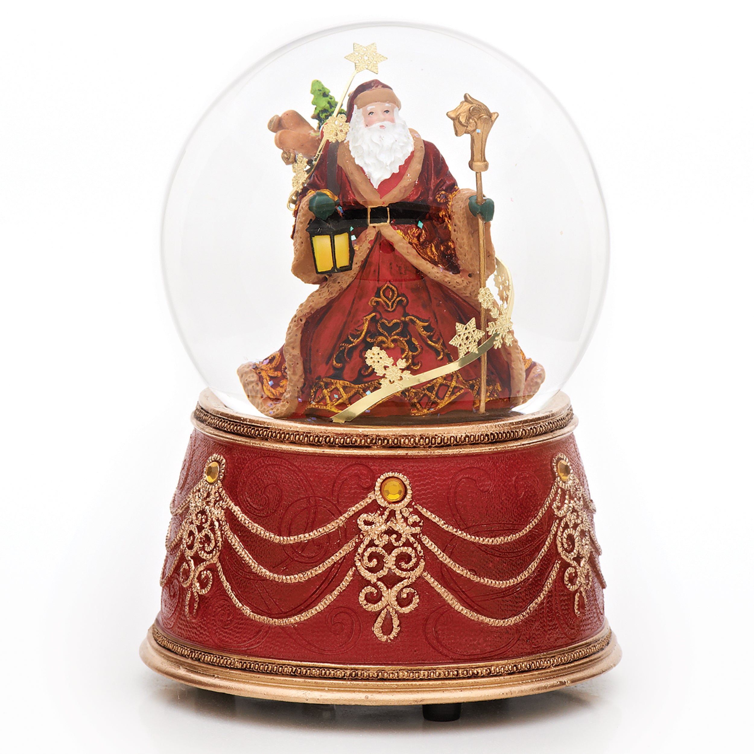 Glitterdome Musical Santa with Red Base & Brass Snowflakes- "We Wish You a Merry Christmas" Tune