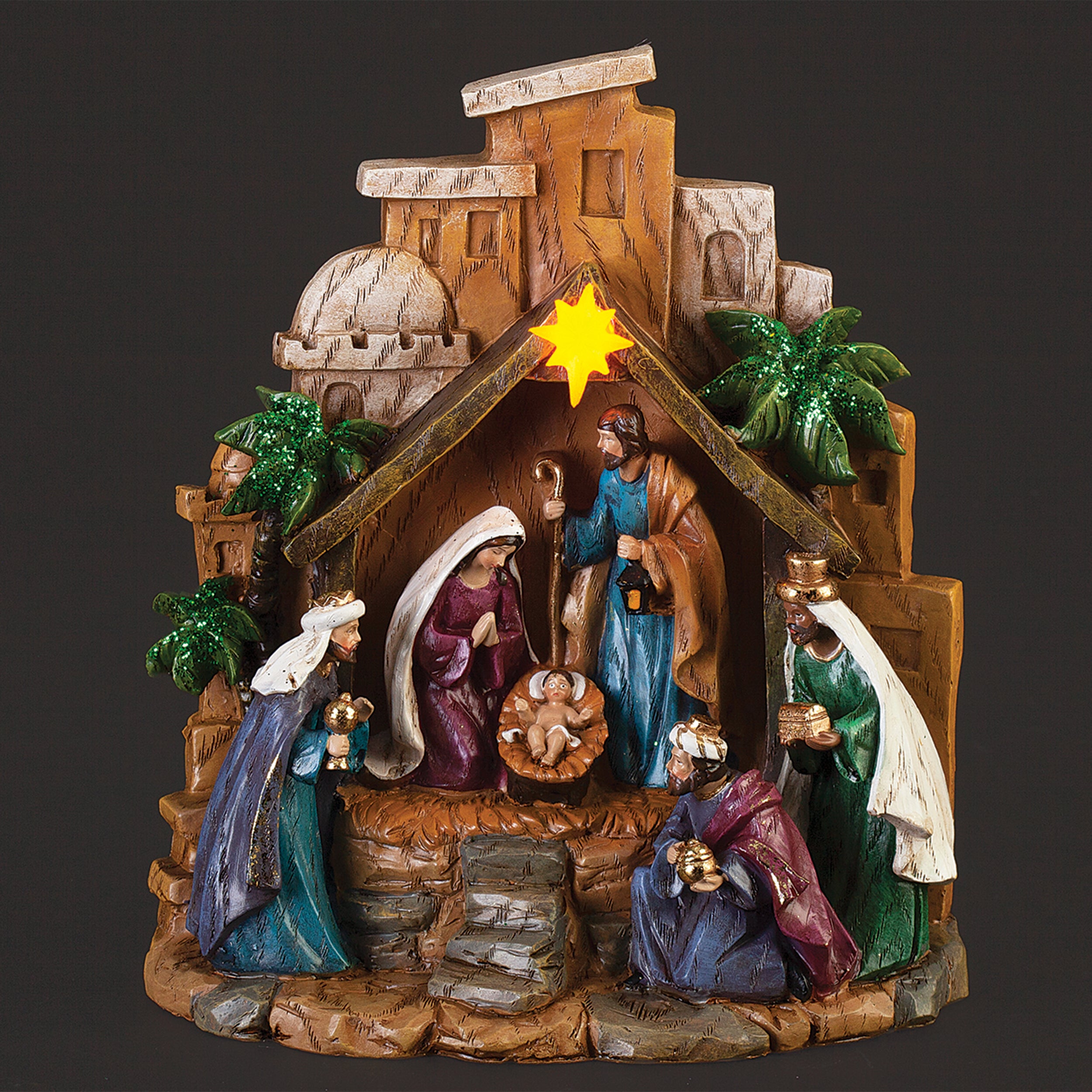 Lighted Nativity Scene with Star & Village Backdrop
