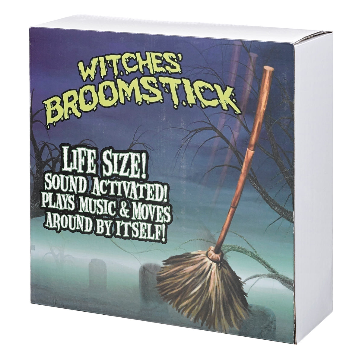 Haunted dancing broom retail box labeled “Witches Broomstick,” with an illustration of the broom.