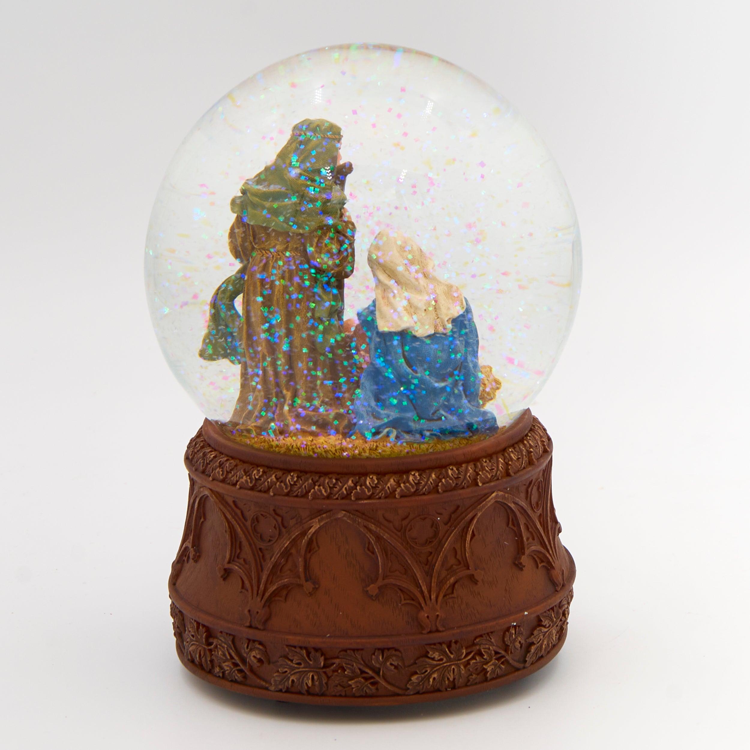 Glitterdome Musical Holy Family Carved Wood Base - "O Holy Night" Tune