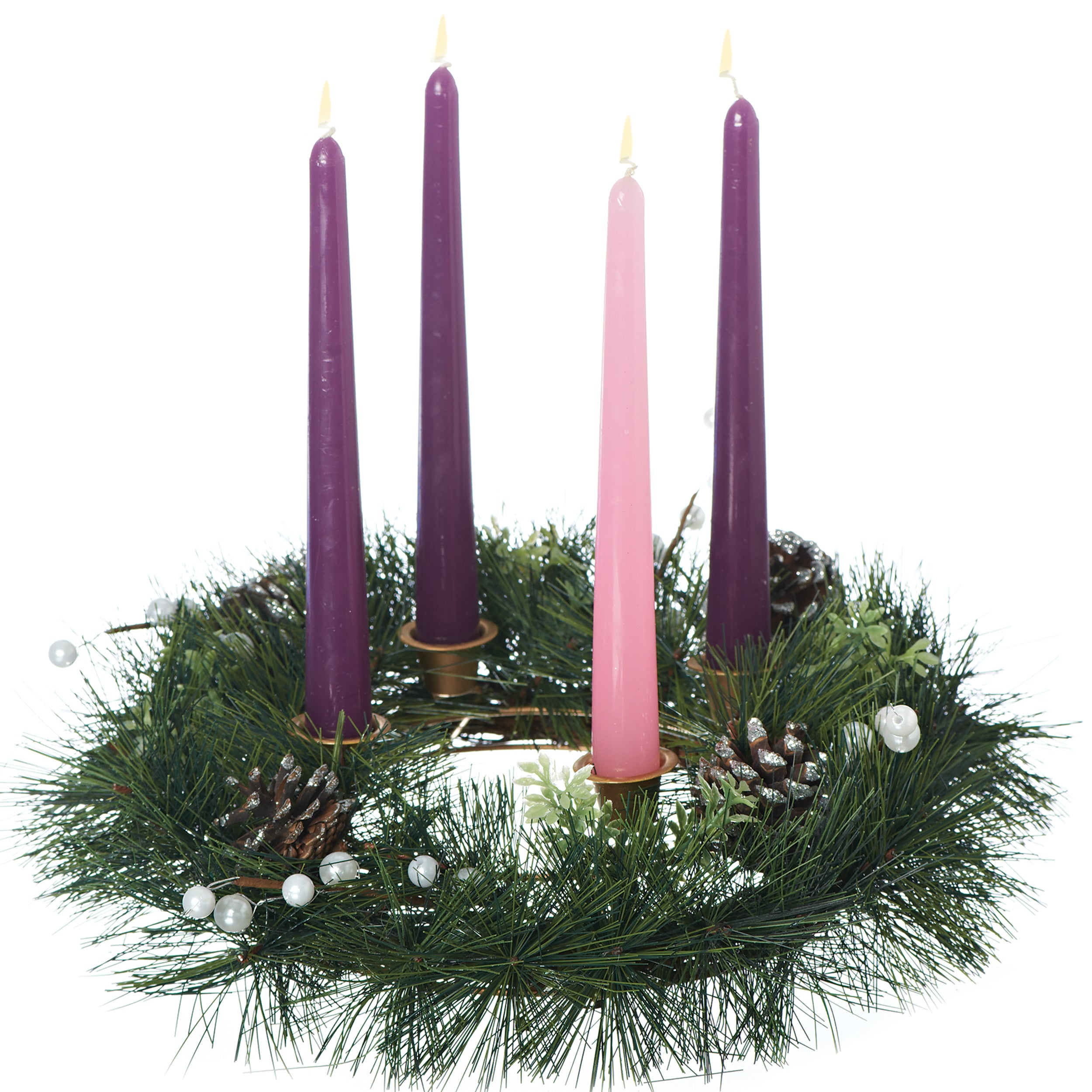 Pine with Silver & White Balls Advent Wreath Candle Holder