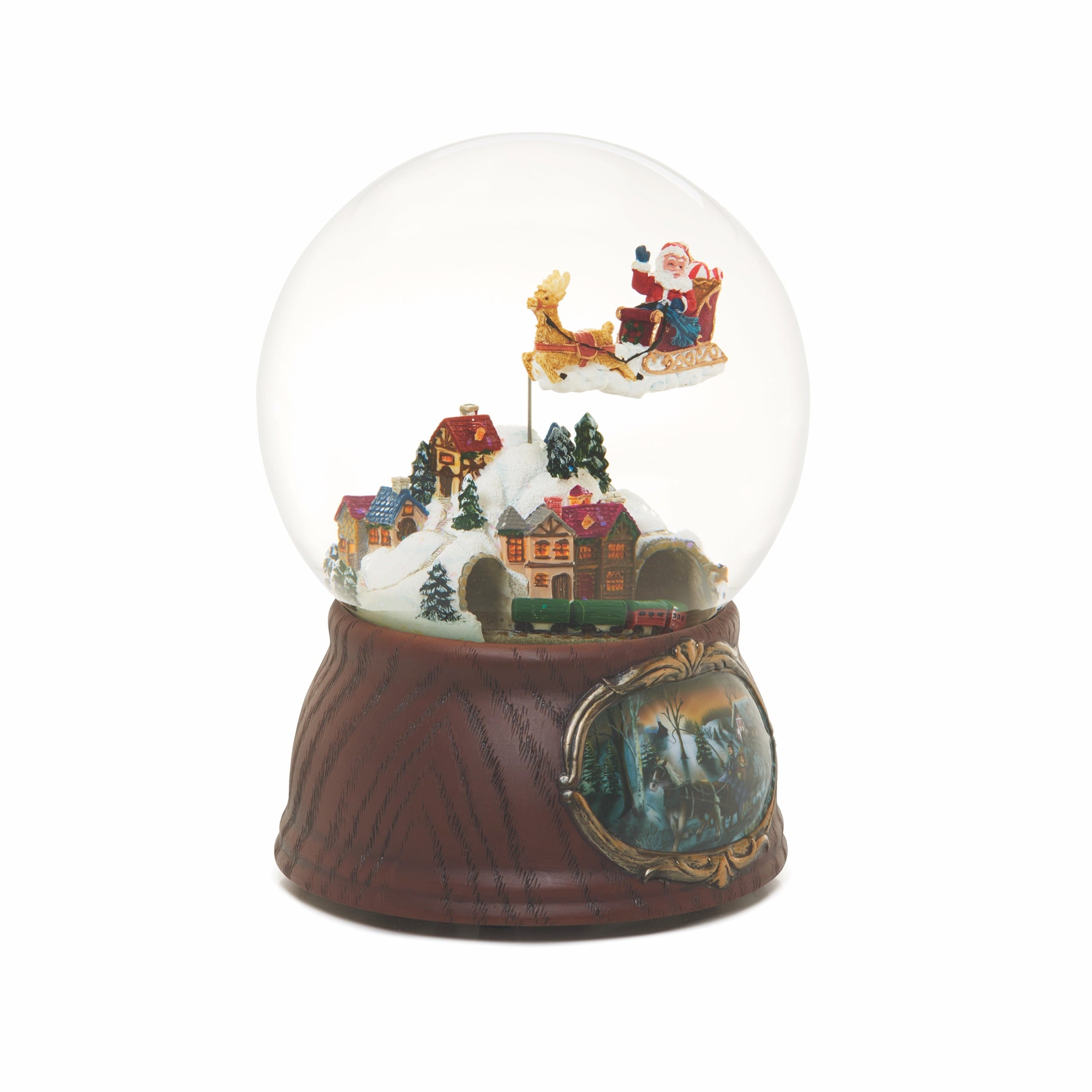 Christmas-themed snow globe with Santa Claus and a village scene on a white background