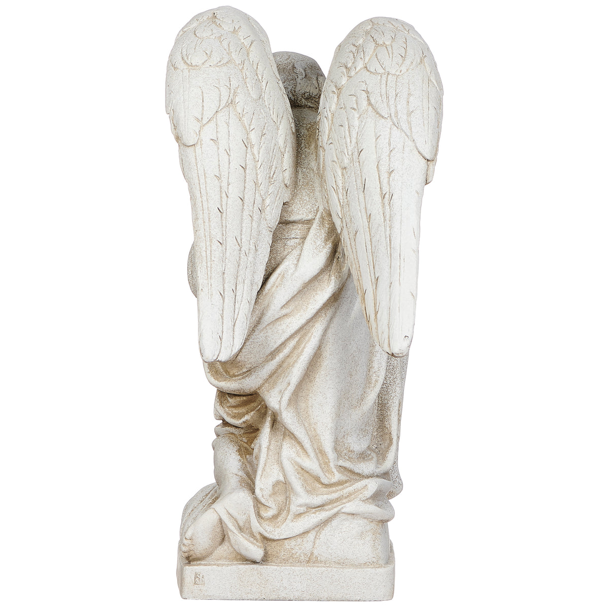 Back view of Joseph's Studio Male Angel Kneeling Garden Statue showing the large feathered wings and draped robe details
